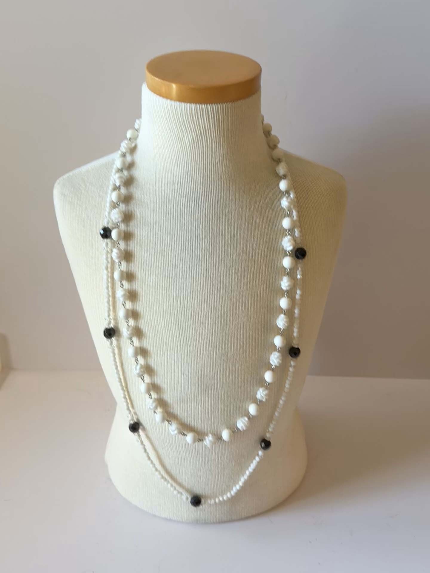 Vintage Necklace Collection | Two White Beaded Necklaces | Mid Century Costume Jewelry Set | Layered Monochrome Jewelry