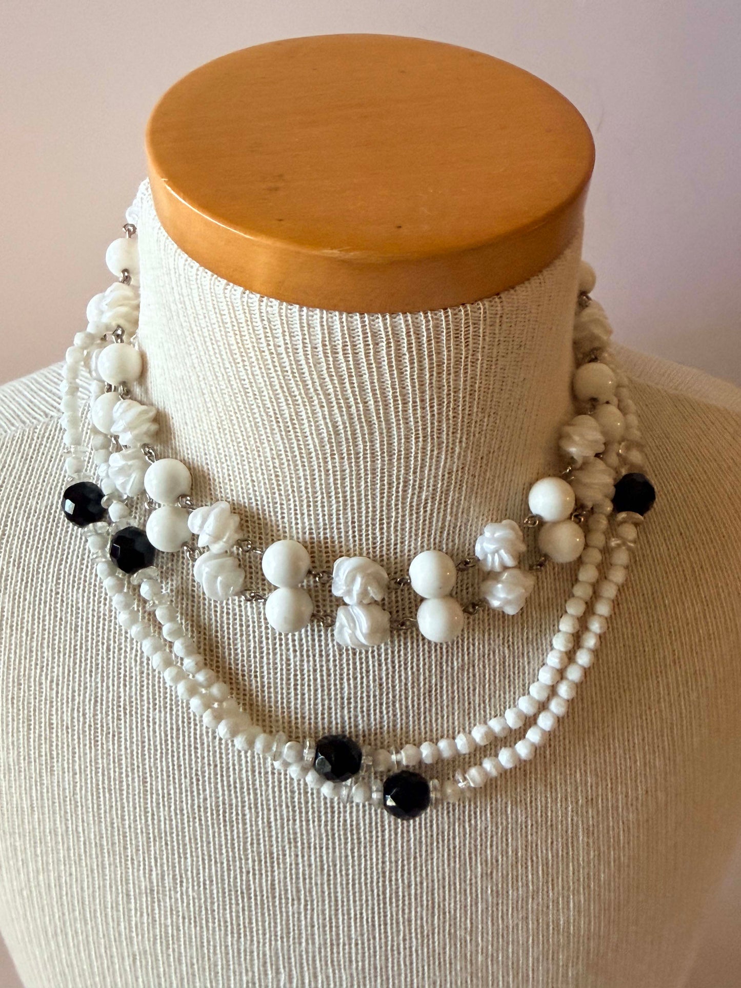 Vintage Necklace Collection | Two White Beaded Necklaces | Mid Century Costume Jewelry Set | Layered Monochrome Jewelry