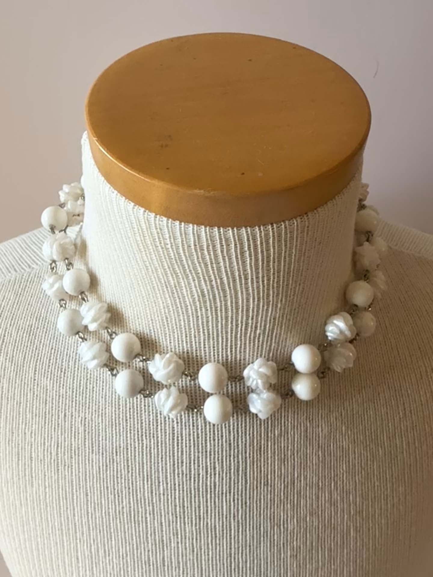 Vintage Necklace Collection | Two White Beaded Necklaces | Mid Century Costume Jewelry Set | Layered Monochrome Jewelry