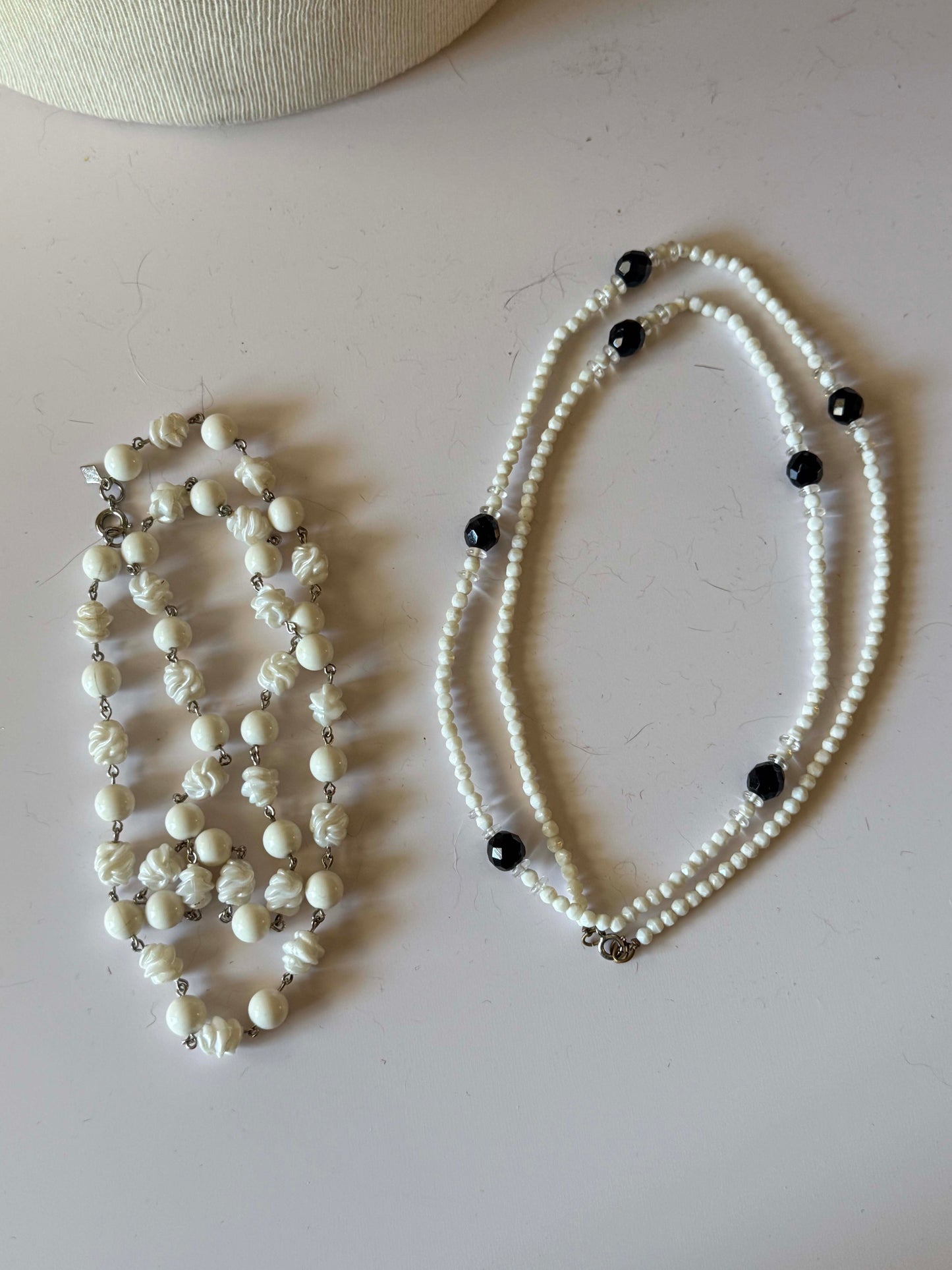 Vintage Necklace Collection | Two White Beaded Necklaces | Mid Century Costume Jewelry Set | Layered Monochrome Jewelry