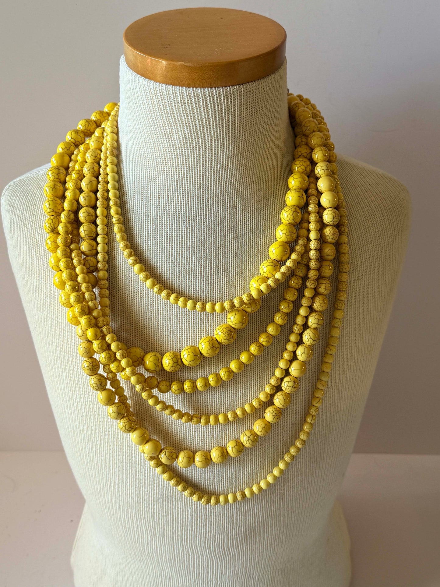 Vintage Yellow Beaded Multi Strand Necklace | Layered Faux Turquoise Statement Necklace | Boho Southwestern Jewelry | Bold 1980s Necklace