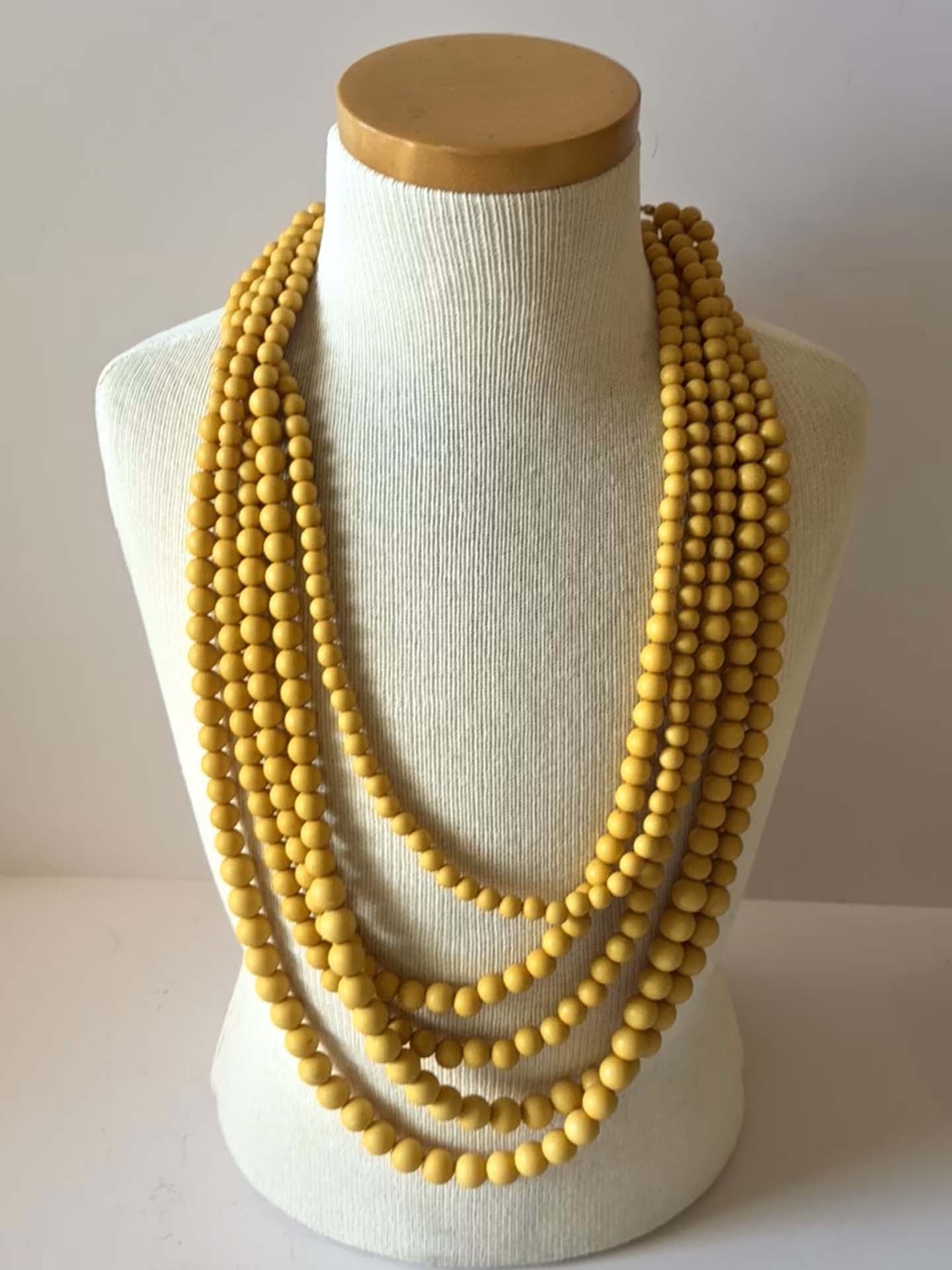Vintage Mustard Yellow Multi Strand Beaded Necklace | Layered Statement Necklace | Mid Century Modern Jewelry | Bold Retro Bead Necklace