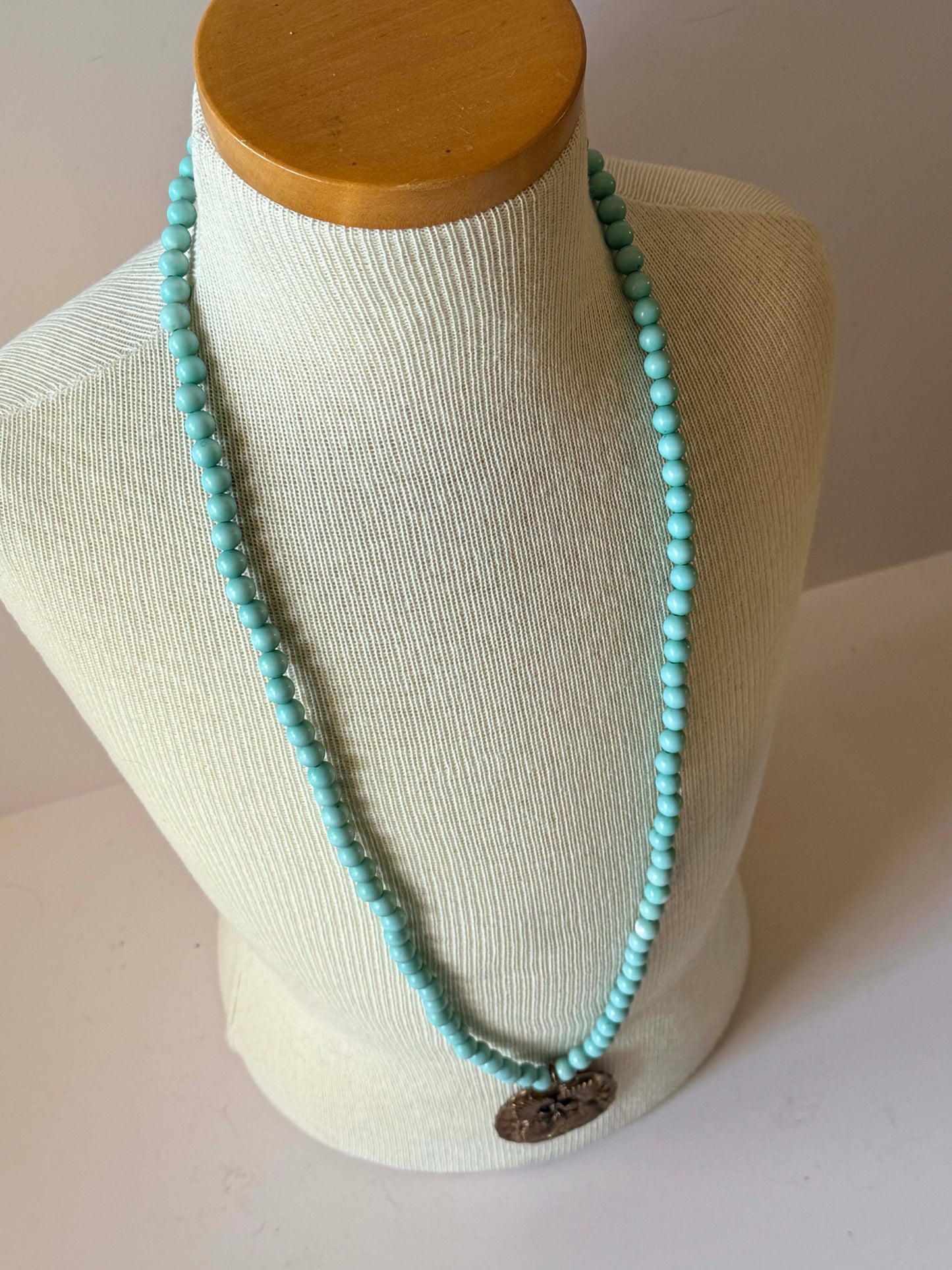 Vintage  Faux Turquoise Blue Beaded Necklace with Floral Medallion Pendant | Southwest Style Statement Necklace | Boho Western Jewelry