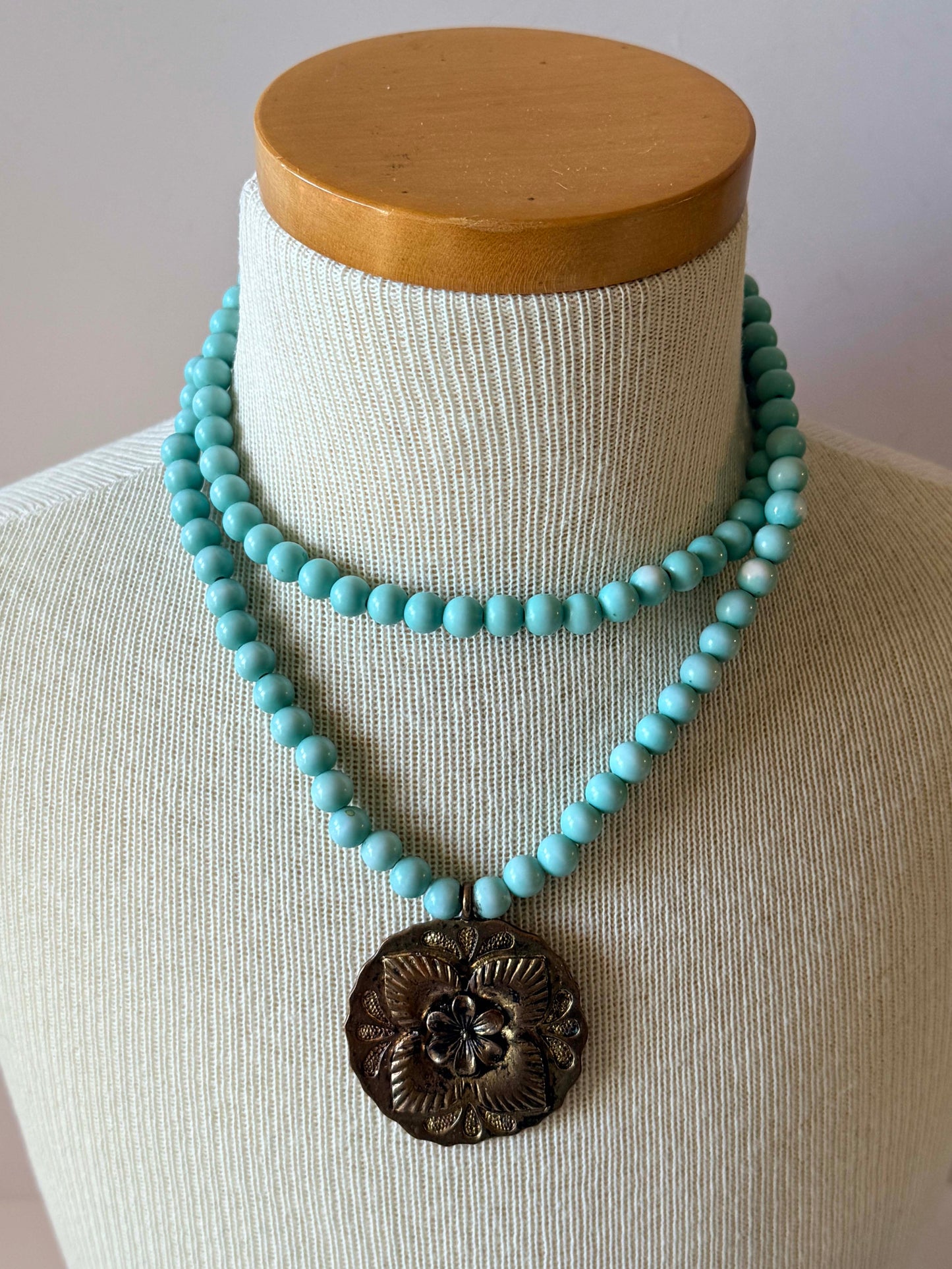 Vintage  Faux Turquoise Blue Beaded Necklace with Floral Medallion Pendant | Southwest Style Statement Necklace | Boho Western Jewelry