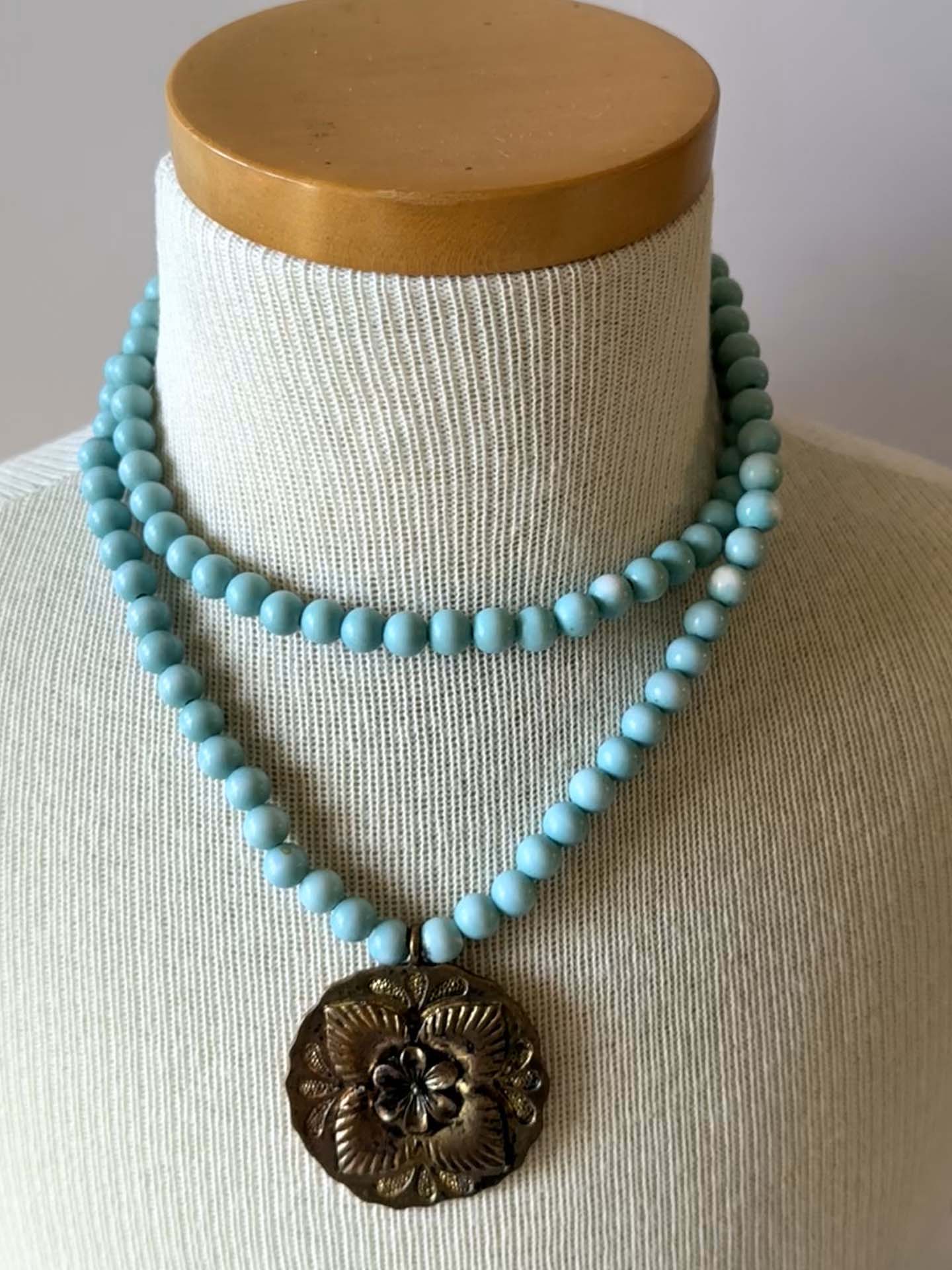Vintage  Faux Turquoise Blue Beaded Necklace with Floral Medallion Pendant | Southwest Style Statement Necklace | Boho Western Jewelry