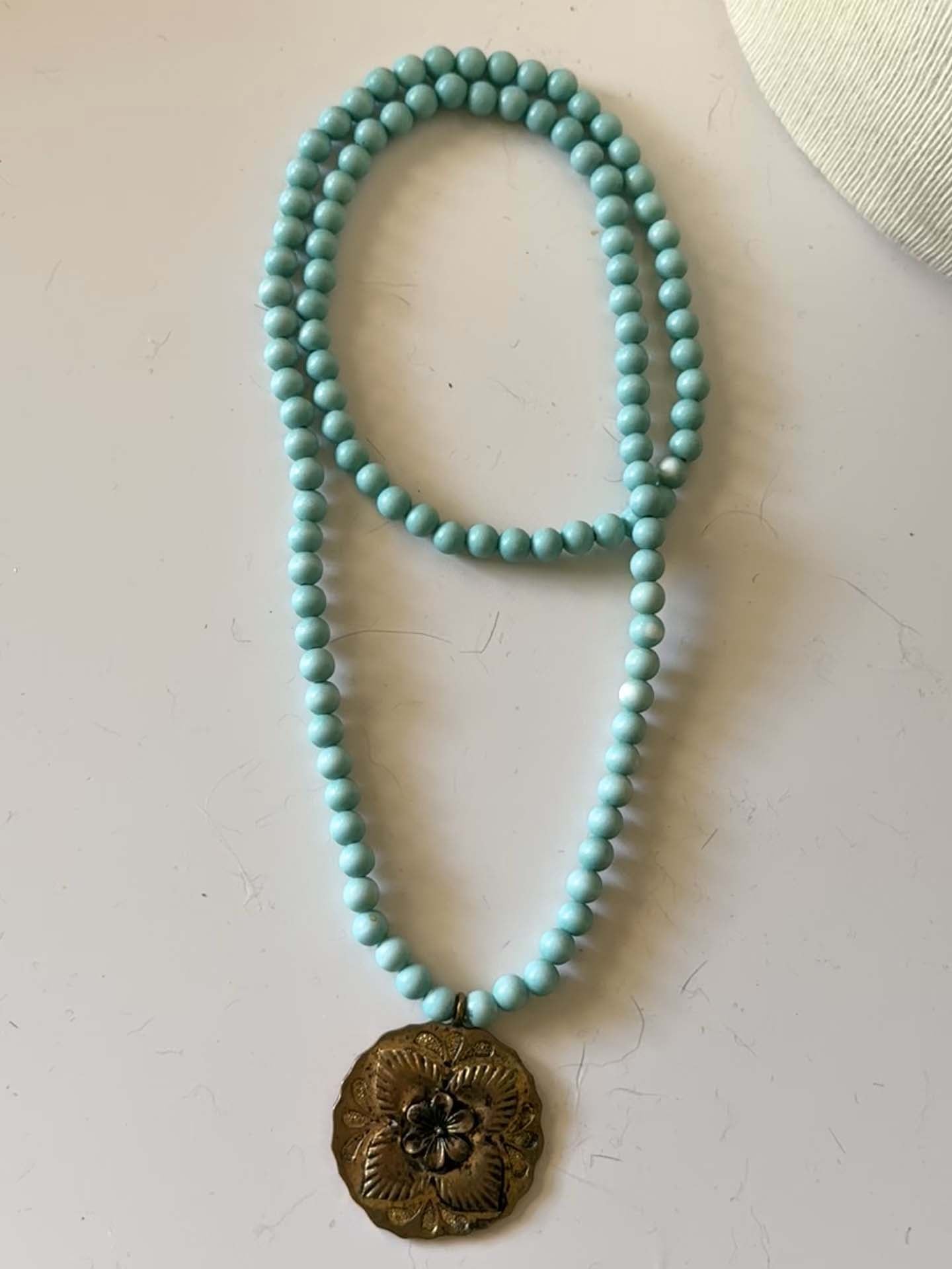 Vintage  Faux Turquoise Blue Beaded Necklace with Floral Medallion Pendant | Southwest Style Statement Necklace | Boho Western Jewelry