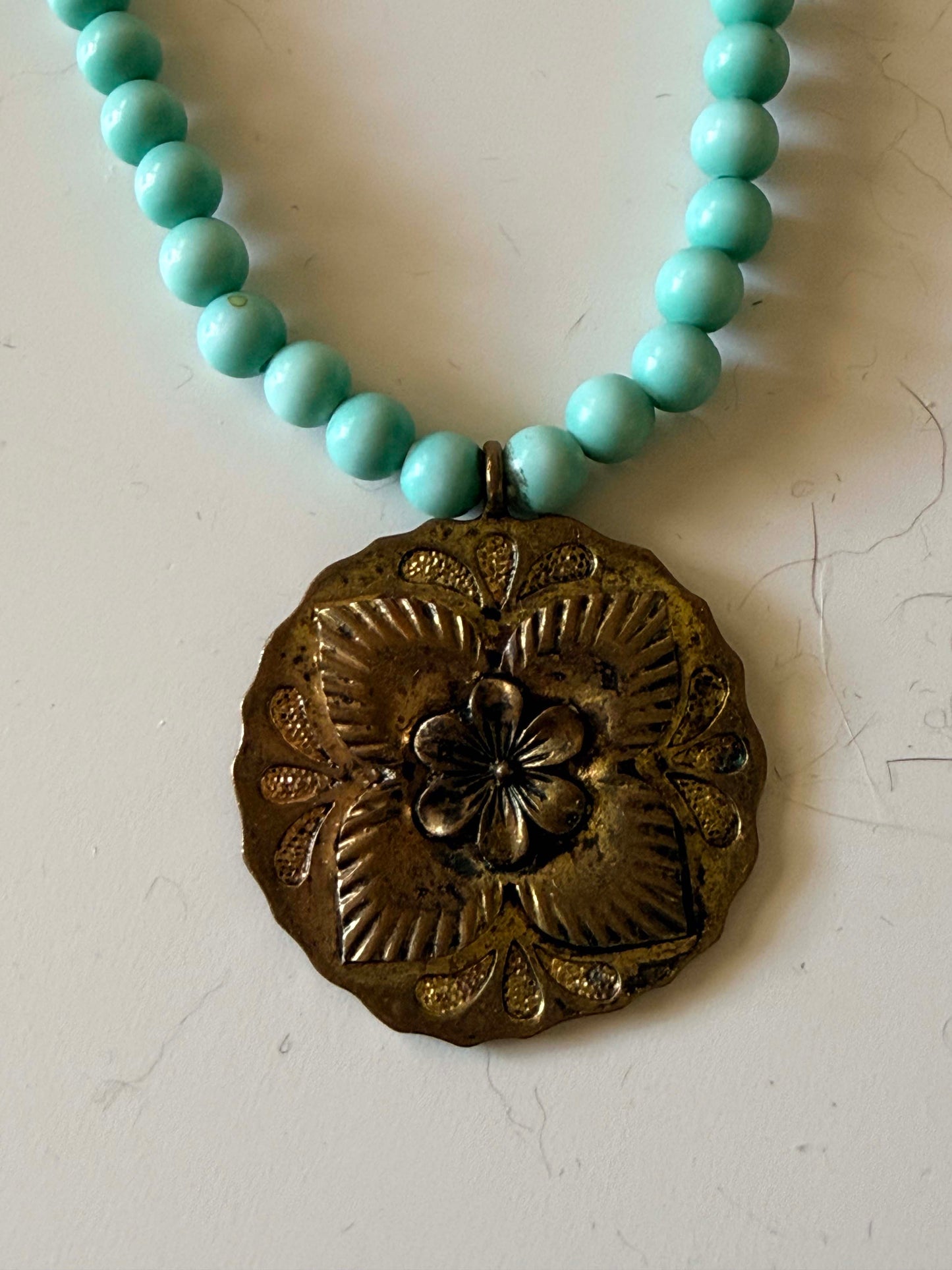 Vintage  Faux Turquoise Blue Beaded Necklace with Floral Medallion Pendant | Southwest Style Statement Necklace | Boho Western Jewelry