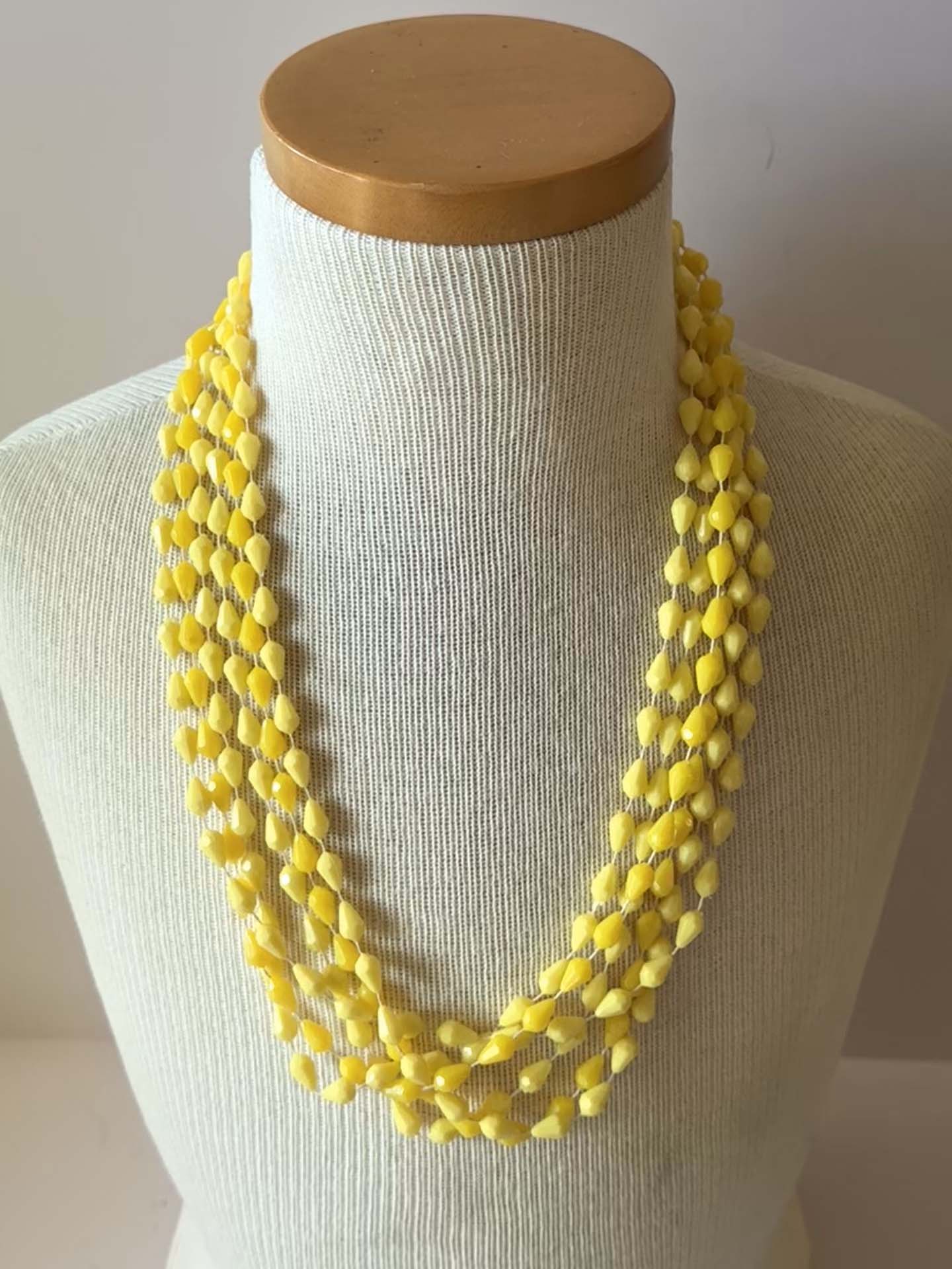 Vintage Lemon Yellow Multi Strand Beaded Necklace | 1960s Mod Statement Necklace | Retro Layered Lucite Jewelry
