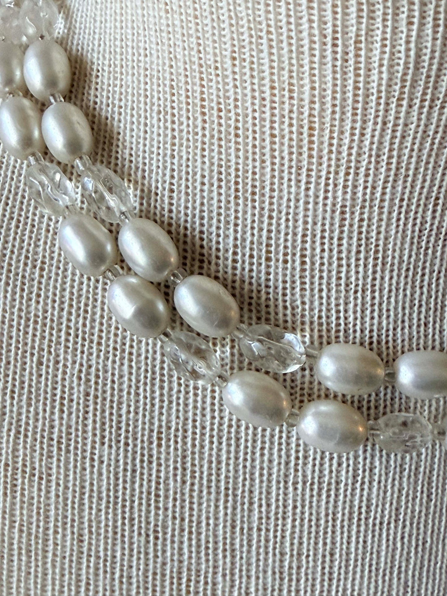 Vintage Double Strand Faux Pearl Necklace | Bridal Beaded Necklace | Mid Century Wedding Jewelry | White Pearl and Crystal Necklace