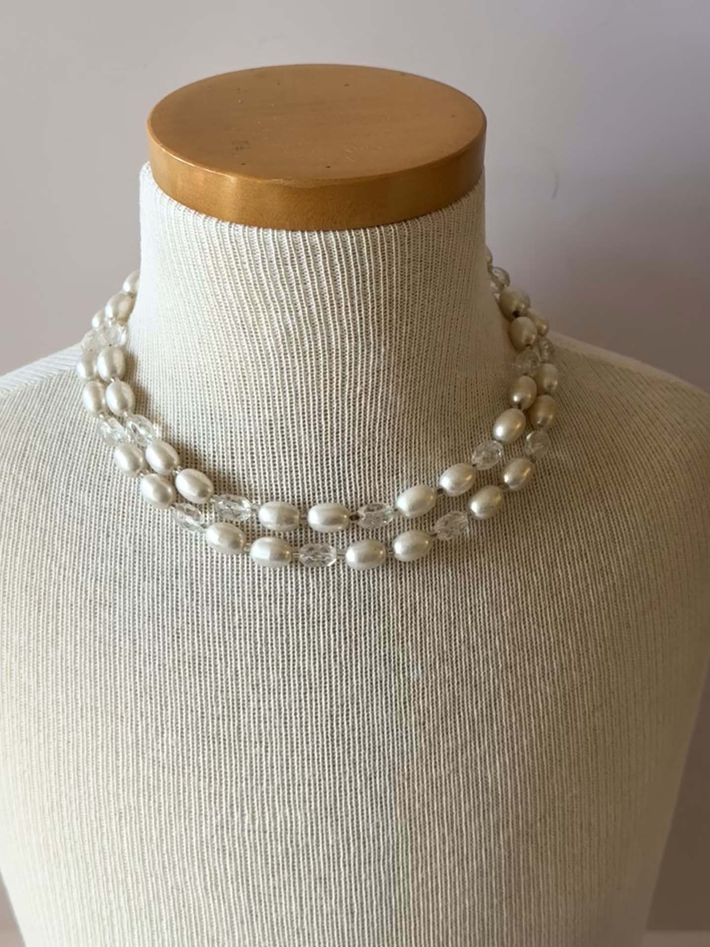 Vintage Double Strand Faux Pearl Necklace | Bridal Beaded Necklace | Mid Century Wedding Jewelry | White Pearl and Crystal Necklace