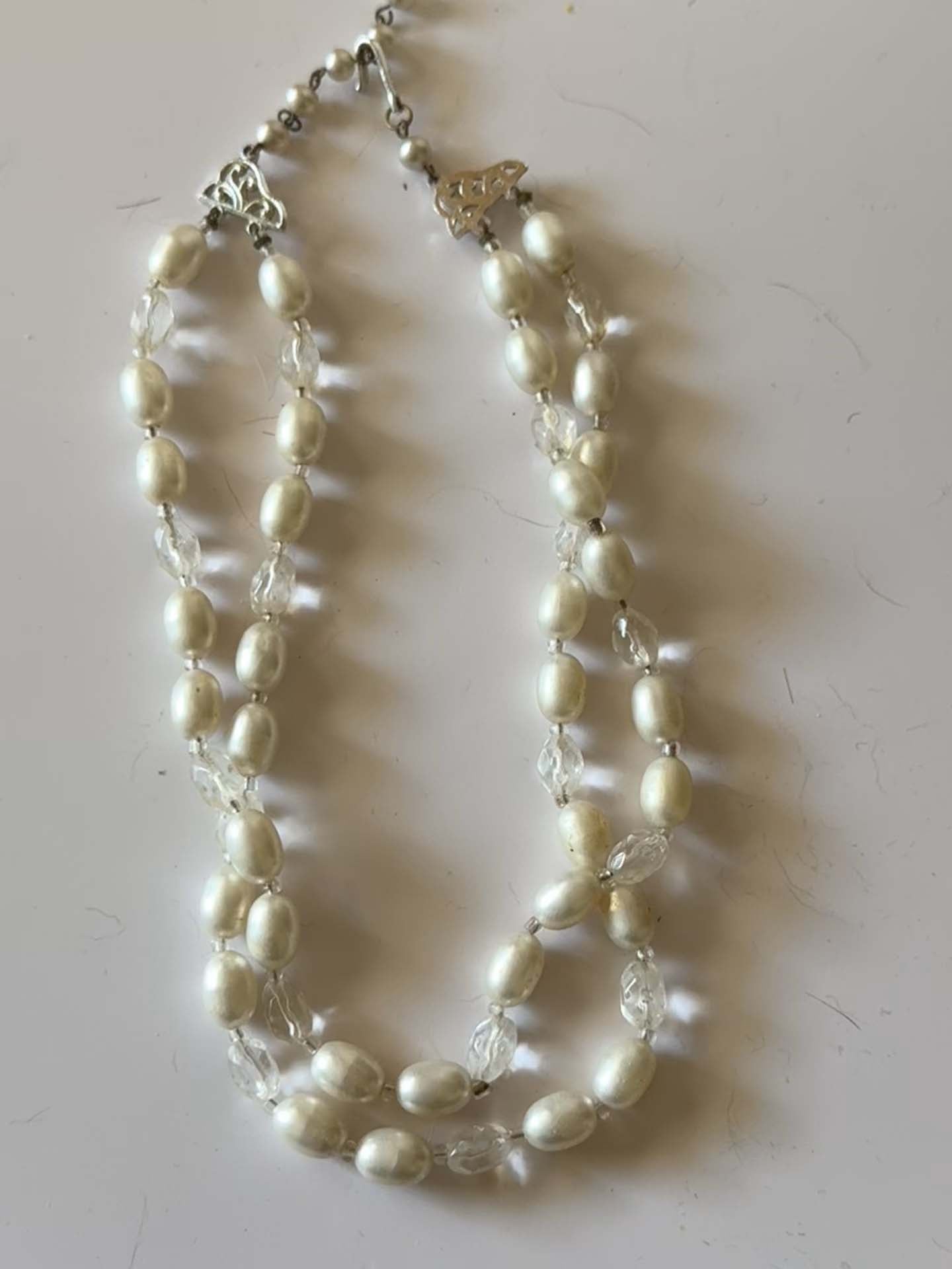 Vintage Double Strand Faux Pearl Necklace | Bridal Beaded Necklace | Mid Century Wedding Jewelry | White Pearl and Crystal Necklace