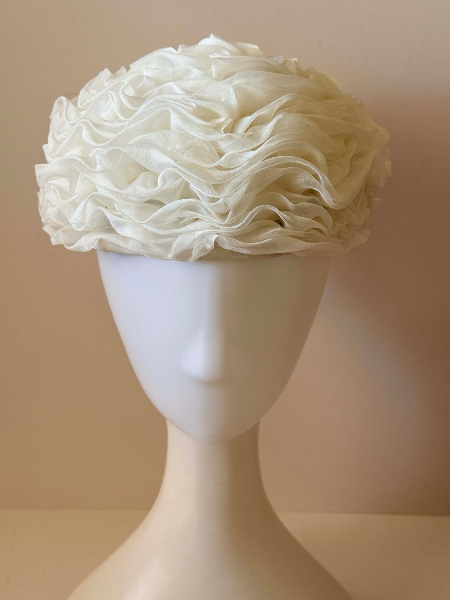 Vintage White Organza Pillbox Hat | Bridal Cocktail Hat | Sculptural Ruffle Hat | Avant Garde Wedding Fascinator | Eastern Yokohama Millinery