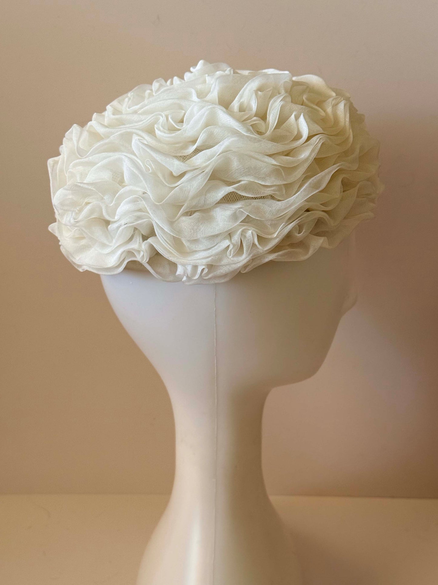 Vintage White Organza Pillbox Hat | Bridal Cocktail Hat | Sculptural Ruffle Hat | Avant Garde Wedding Fascinator | Eastern Yokohama Millinery