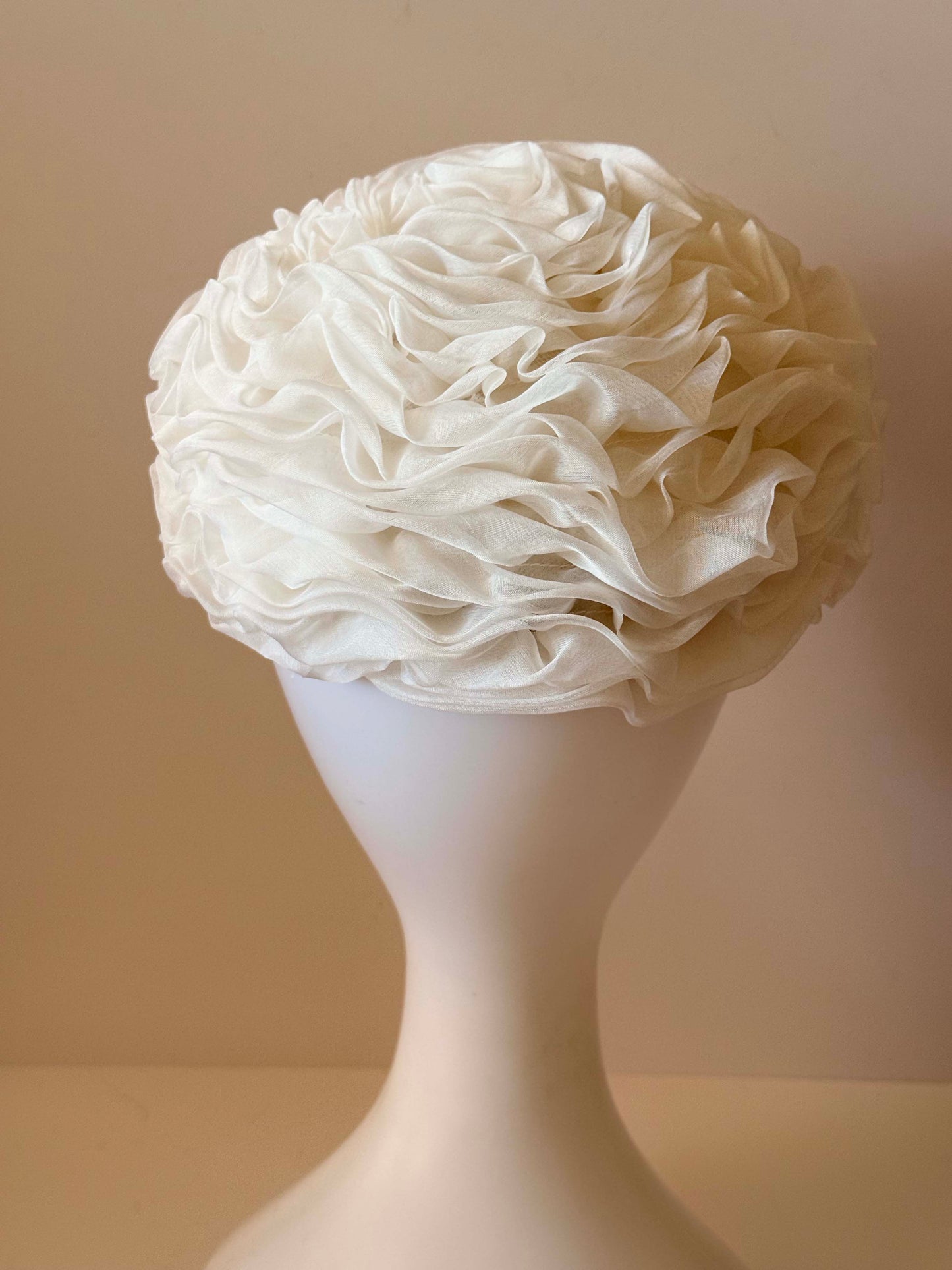 Vintage White Organza Pillbox Hat | Bridal Cocktail Hat | Sculptural Ruffle Hat | Avant Garde Wedding Fascinator | Eastern Yokohama Millinery