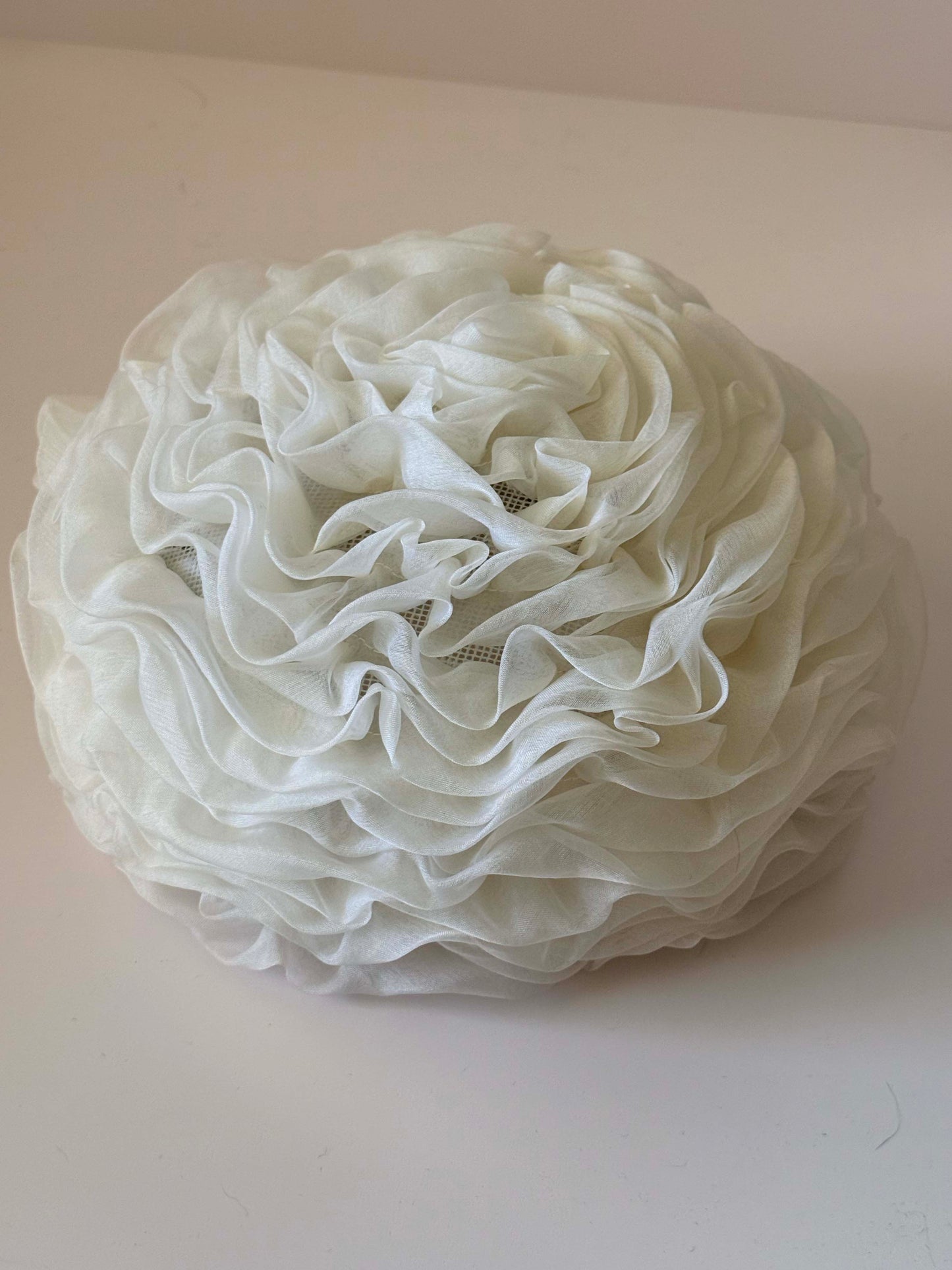 Vintage White Organza Pillbox Hat | Bridal Cocktail Hat | Sculptural Ruffle Hat | Avant Garde Wedding Fascinator | Eastern Yokohama Millinery