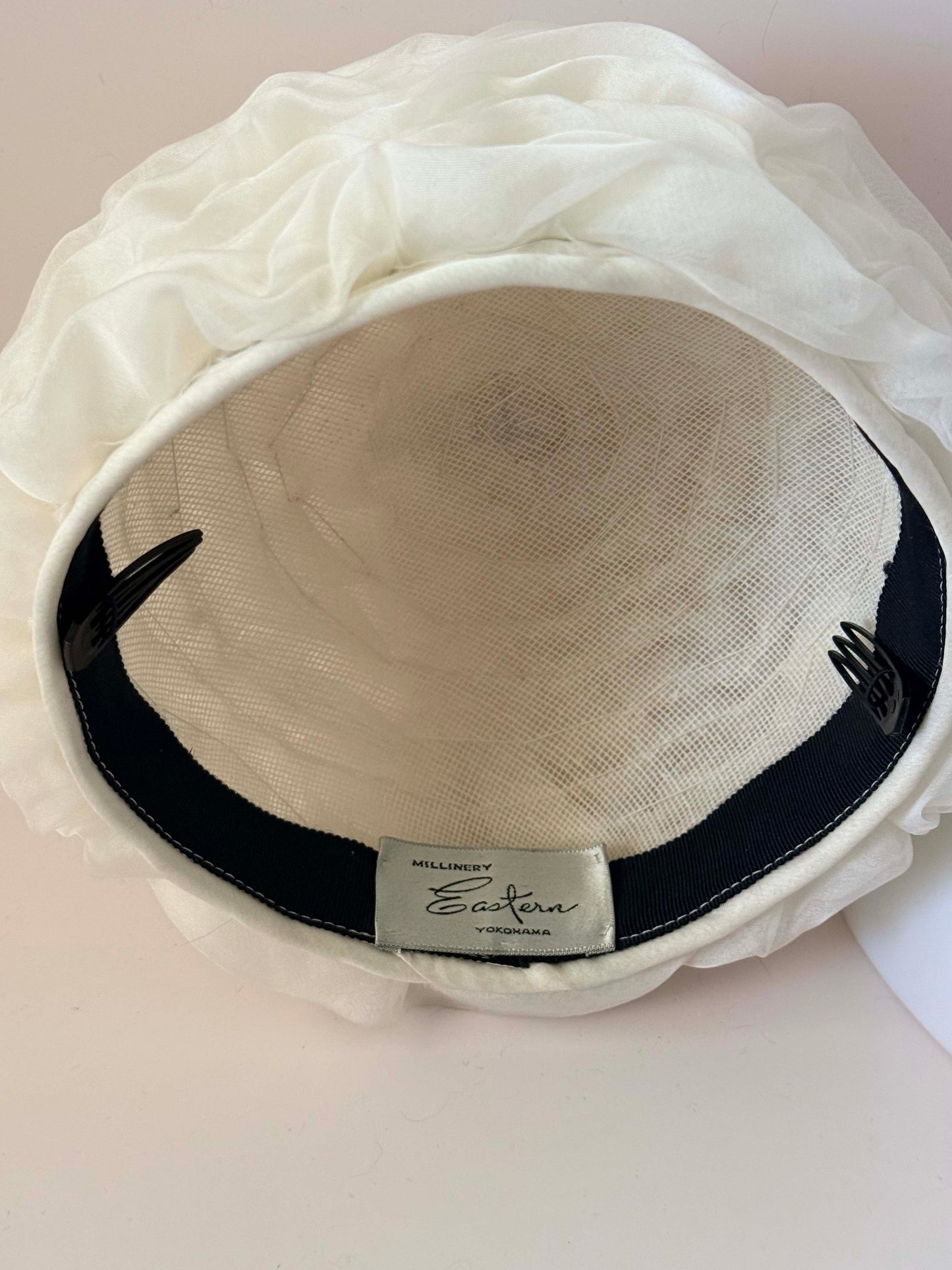 Vintage White Organza Pillbox Hat | Bridal Cocktail Hat | Sculptural Ruffle Hat | Avant Garde Wedding Fascinator | Eastern Yokohama Millinery