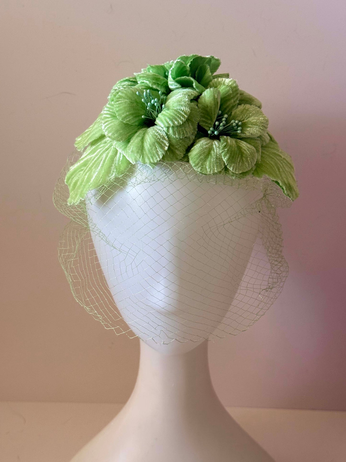 Vintage Mint Green Floral Fascinator | 1960s Flower Hat with Veil | Pastel Cocktail Hat | Spring Garden Party Hat | Union Made Millinery