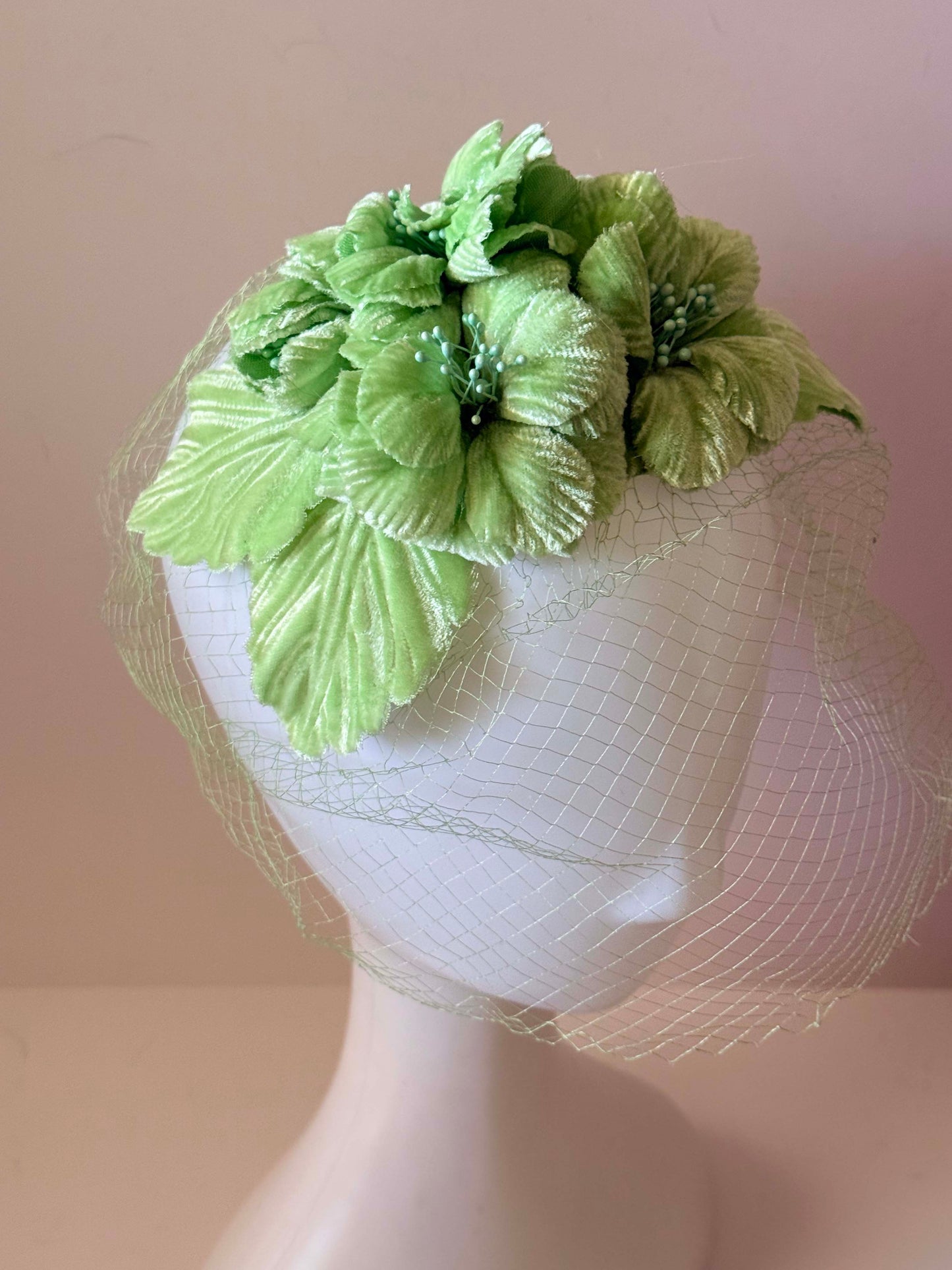 Vintage Mint Green Floral Fascinator | 1960s Flower Hat with Veil | Pastel Cocktail Hat | Spring Garden Party Hat | Union Made Millinery