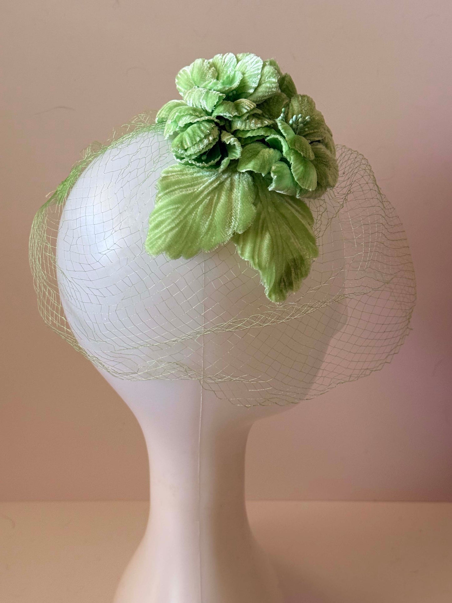 Vintage Mint Green Floral Fascinator | 1960s Flower Hat with Veil | Pastel Cocktail Hat | Spring Garden Party Hat | Union Made Millinery