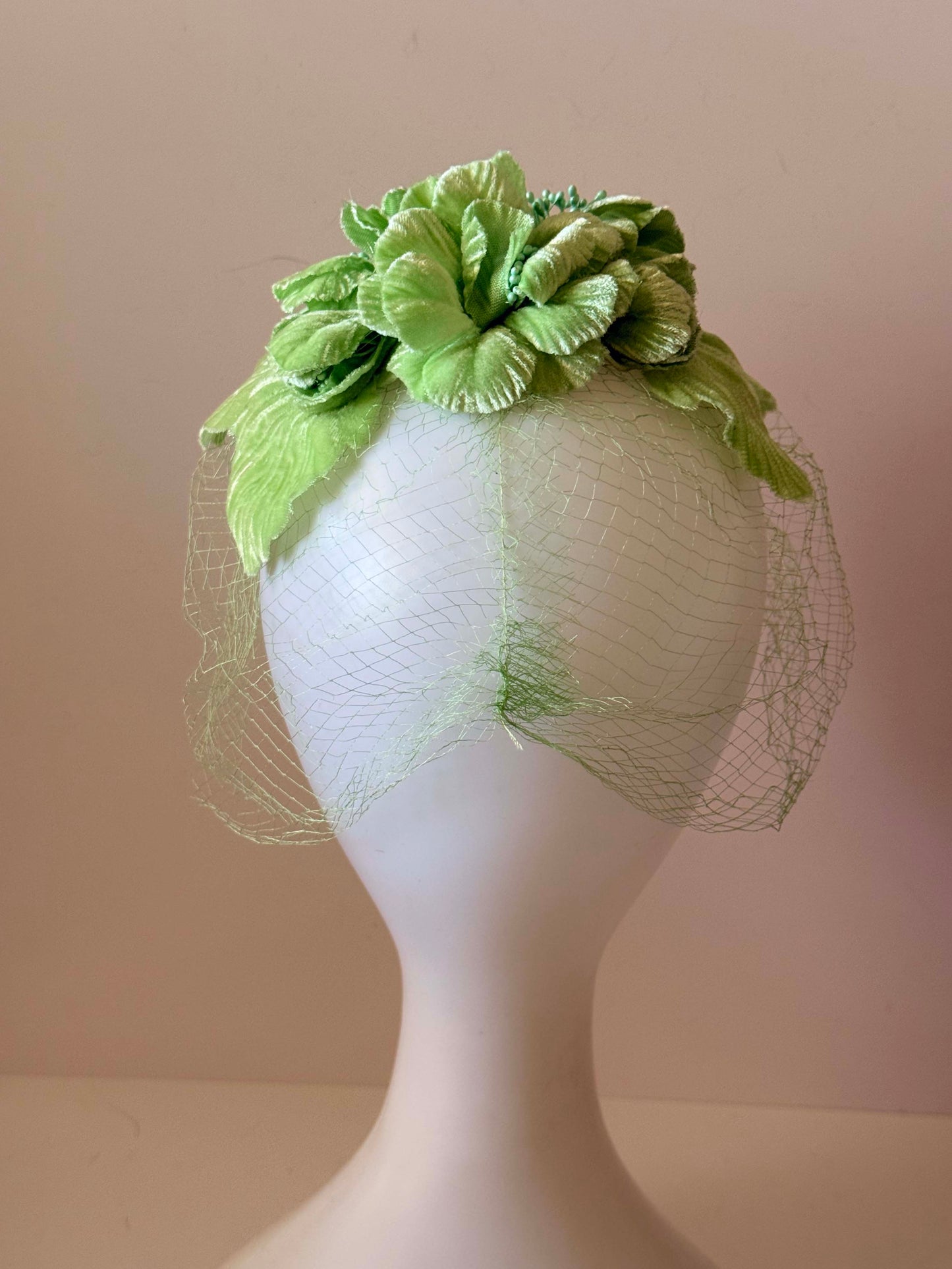 Vintage Mint Green Floral Fascinator | 1960s Flower Hat with Veil | Pastel Cocktail Hat | Spring Garden Party Hat | Union Made Millinery