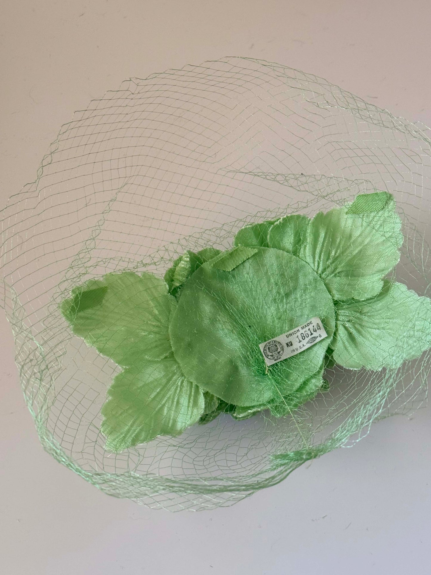 Vintage Mint Green Floral Fascinator | 1960s Flower Hat with Veil | Pastel Cocktail Hat | Spring Garden Party Hat | Union Made Millinery