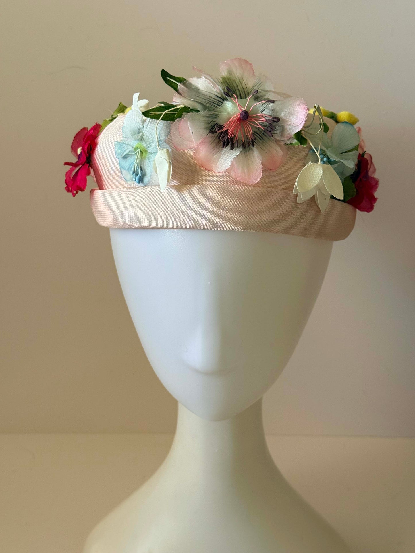 Vintage Floral Halo Hat | 1960s Pink Garden Party Hat | Pastel Flower Fascinator | Easter Hat | Tea Party Millinery | Wedding Guest Hat
