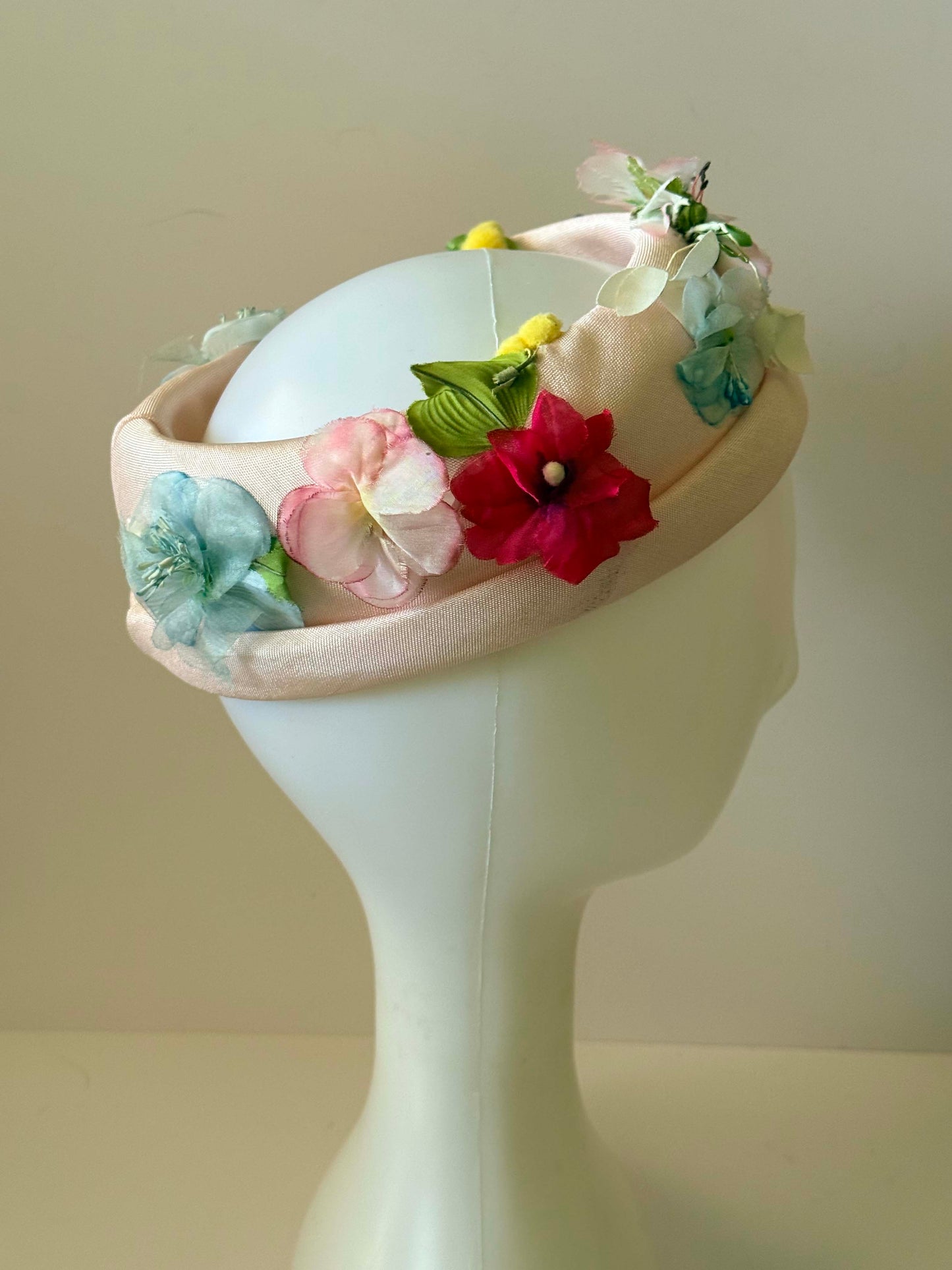 Vintage Floral Halo Hat | 1960s Pink Garden Party Hat | Pastel Flower Fascinator | Easter Hat | Tea Party Millinery | Wedding Guest Hat
