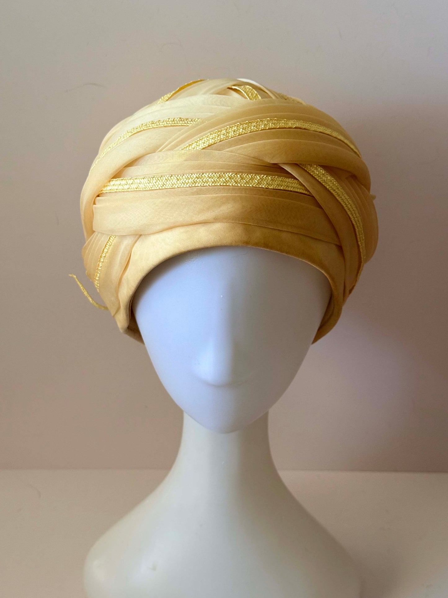 Vintage Gwen Pennington Turban Hat | Cream & Butter Yellow Draped Cocktail Hat | Designer Millinery | 1960s 1970s Formal Hat | Wedding Guest Hat