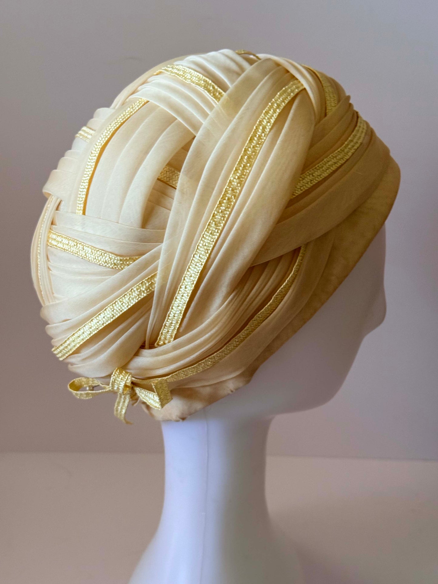 Vintage Gwen Pennington Turban Hat | Cream & Butter Yellow Draped Cocktail Hat | Designer Millinery | 1960s 1970s Formal Hat | Wedding Guest Hat