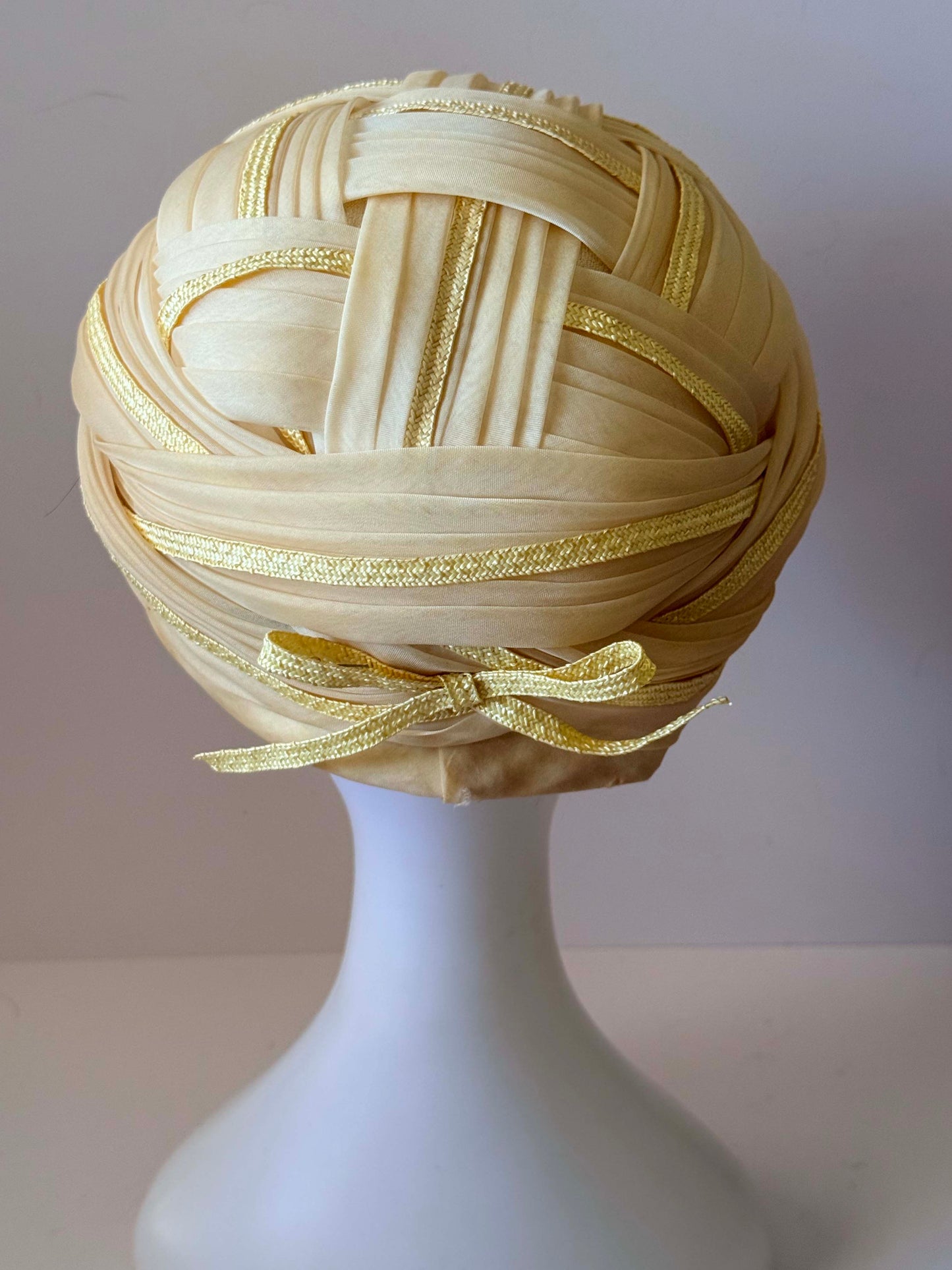Vintage Gwen Pennington Turban Hat | Cream & Butter Yellow Draped Cocktail Hat | Designer Millinery | 1960s 1970s Formal Hat | Wedding Guest Hat