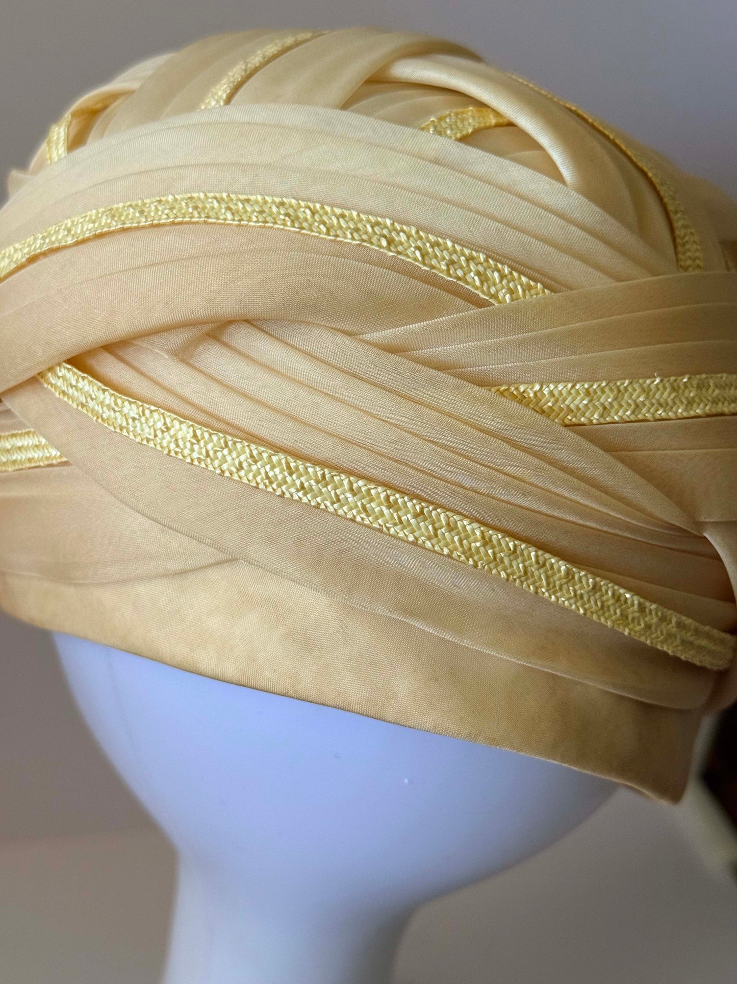 Vintage Gwen Pennington Turban Hat | Cream & Butter Yellow Draped Cocktail Hat | Designer Millinery | 1960s 1970s Formal Hat | Wedding Guest Hat