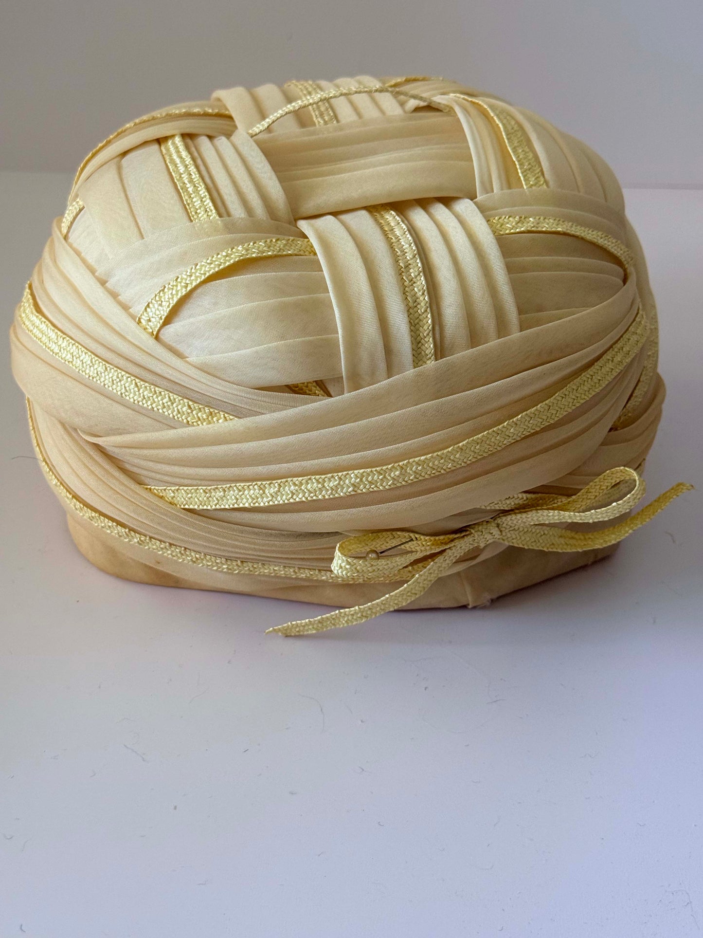 Vintage Gwen Pennington Turban Hat | Cream & Butter Yellow Draped Cocktail Hat | Designer Millinery | 1960s 1970s Formal Hat | Wedding Guest Hat