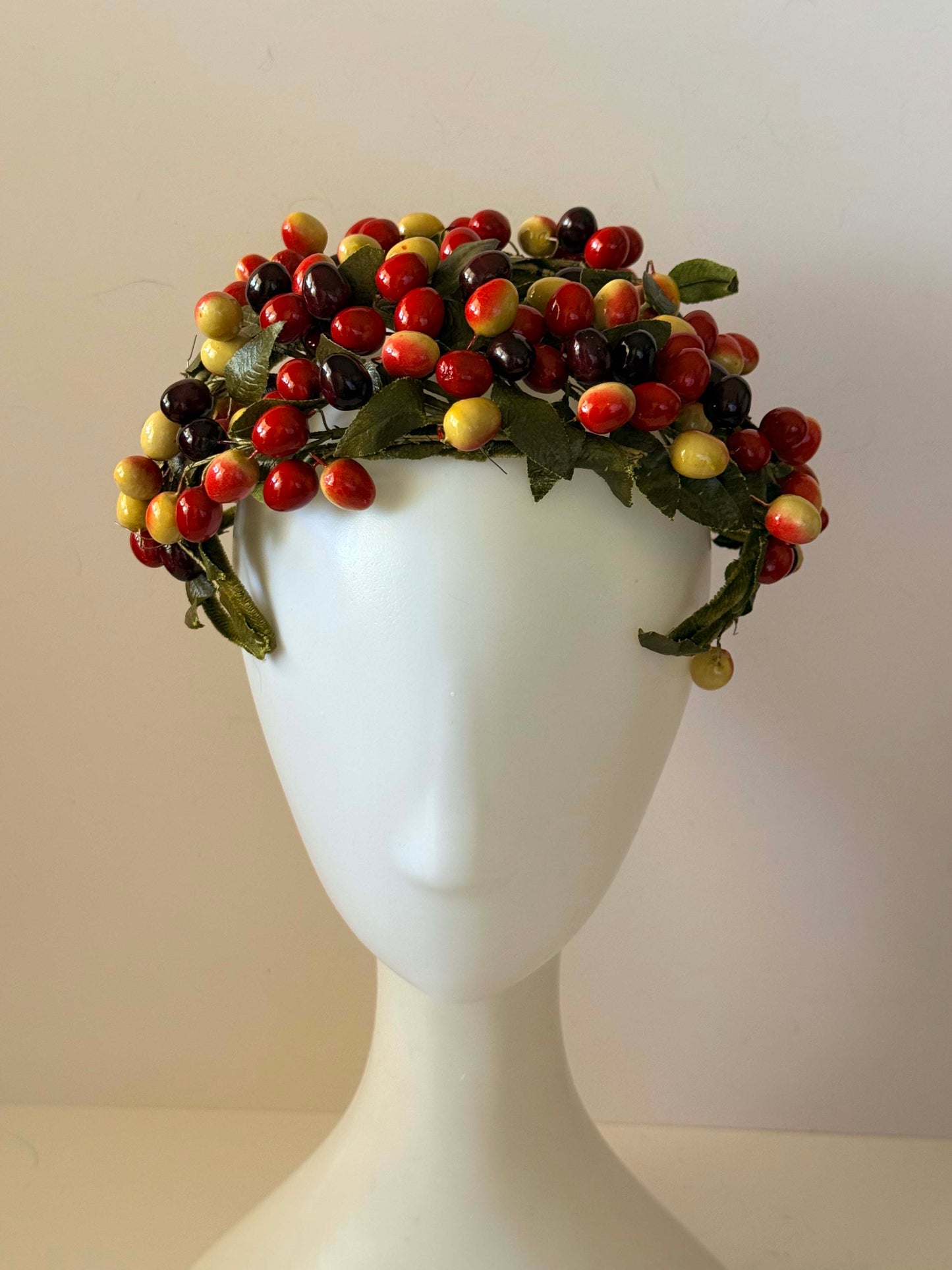 Vintage Berry Fruit Half Hat | 1950s Cherry Berry Cocktail Hat | Novelty Fruit Headpiece | Harvest Hat | Autumn Millinery