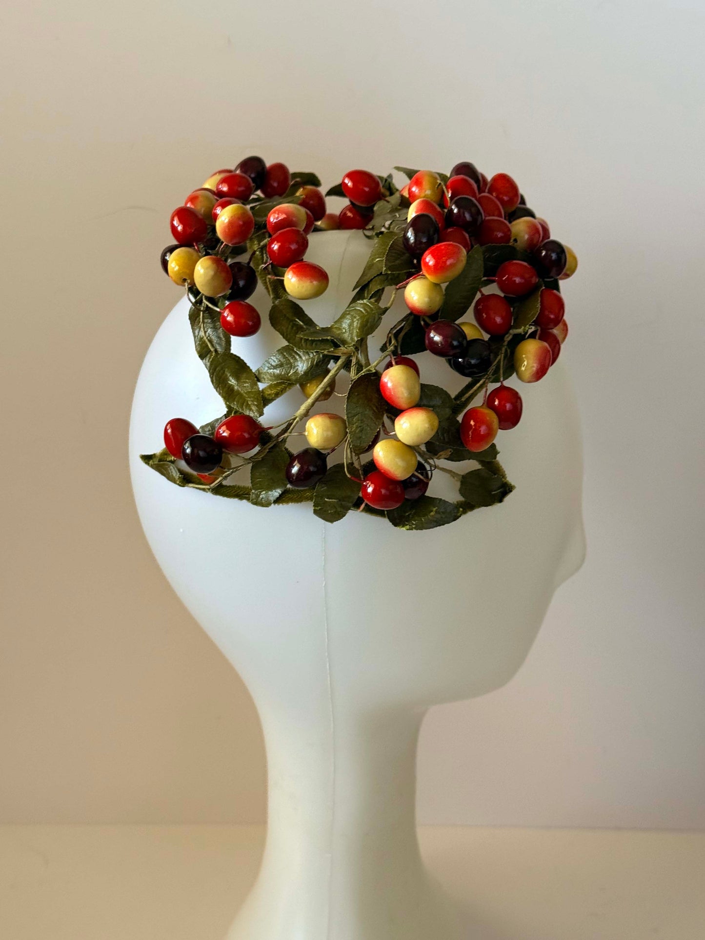 Vintage Berry Fruit Half Hat | 1950s Cherry Berry Cocktail Hat | Novelty Fruit Headpiece | Harvest Hat | Autumn Millinery