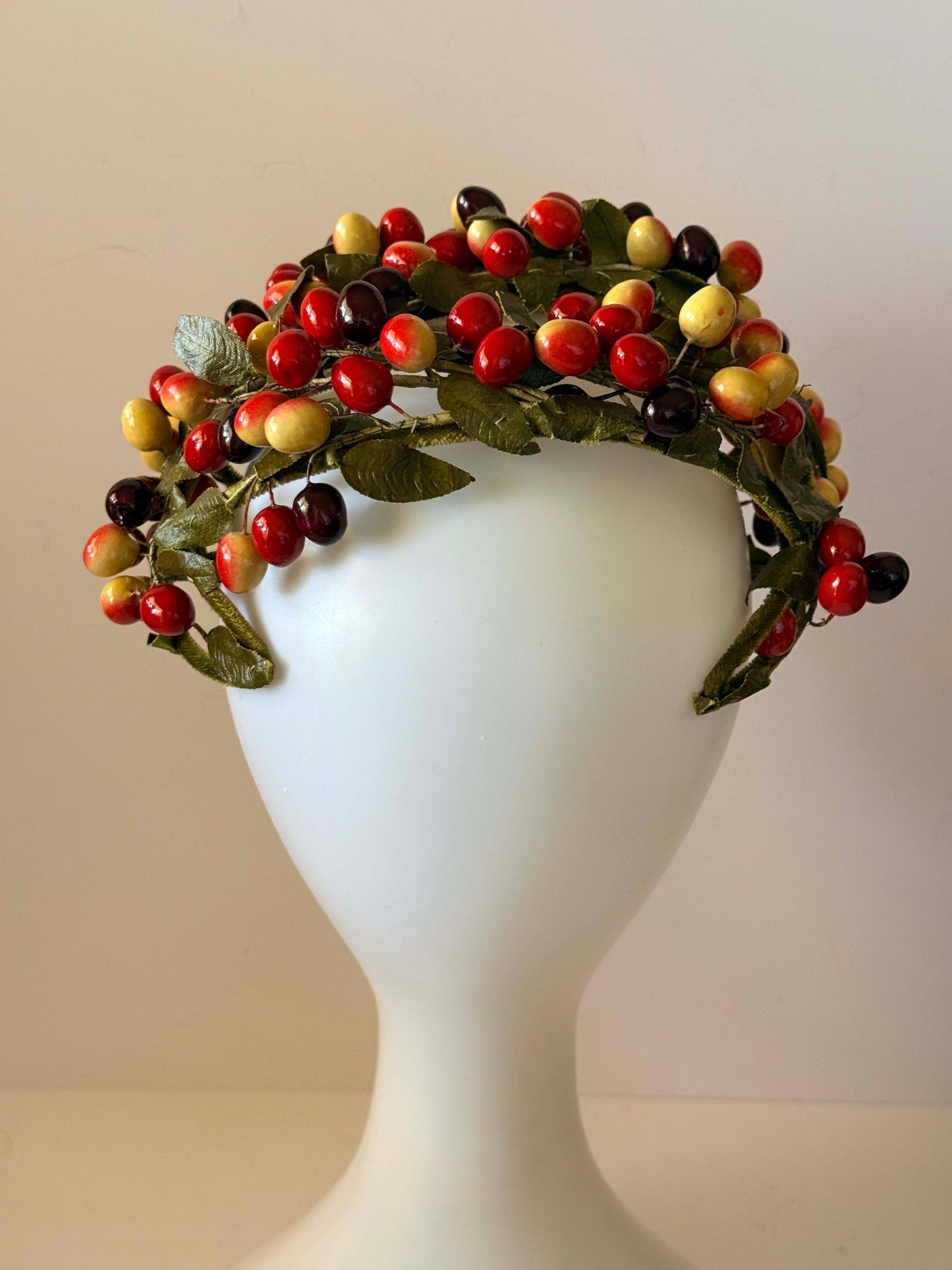 Vintage Berry Fruit Half Hat | 1950s Cherry Berry Cocktail Hat | Novelty Fruit Headpiece | Harvest Hat | Autumn Millinery