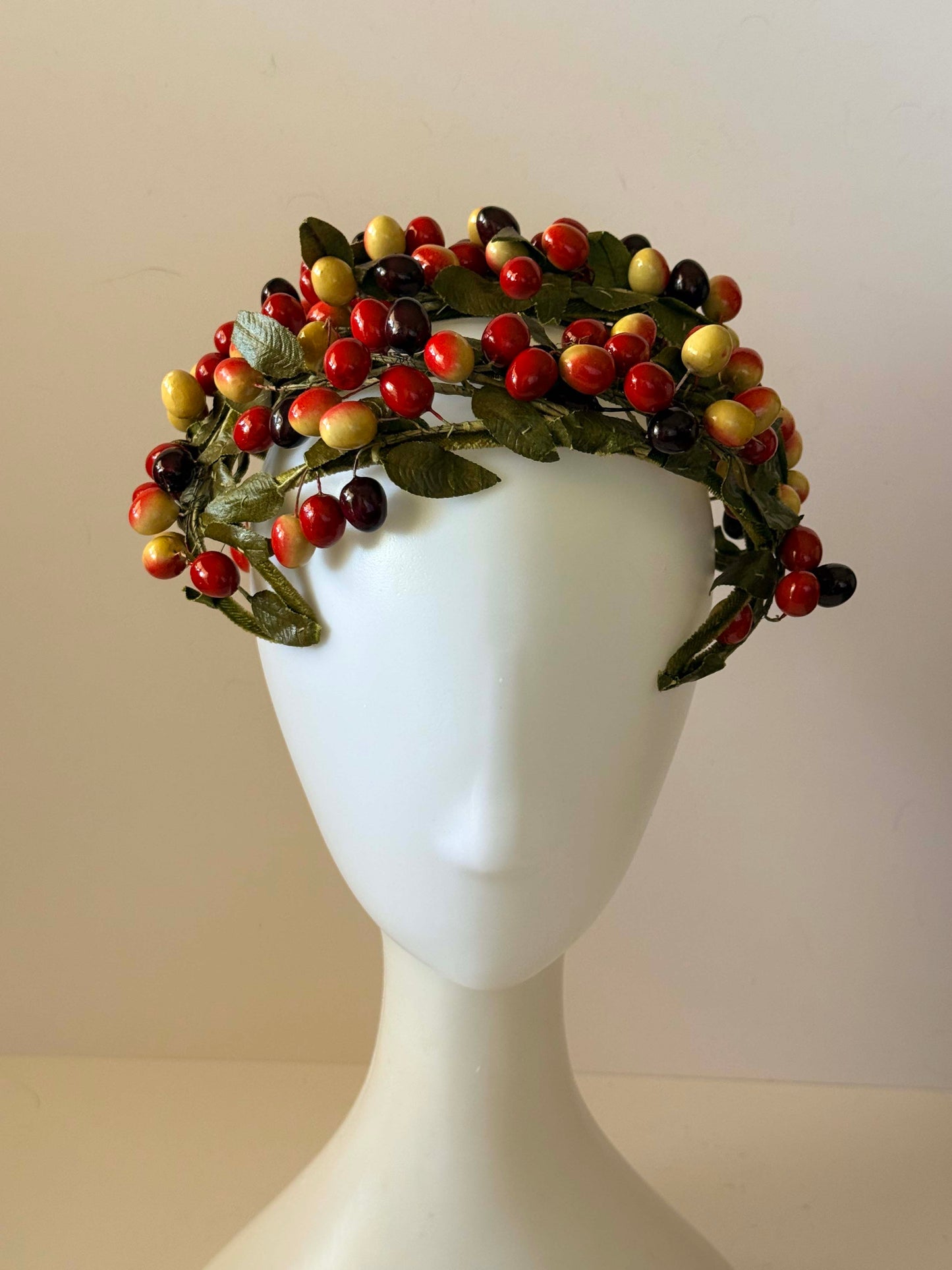 Vintage Berry Fruit Half Hat | 1950s Cherry Berry Cocktail Hat | Novelty Fruit Headpiece | Harvest Hat | Autumn Millinery