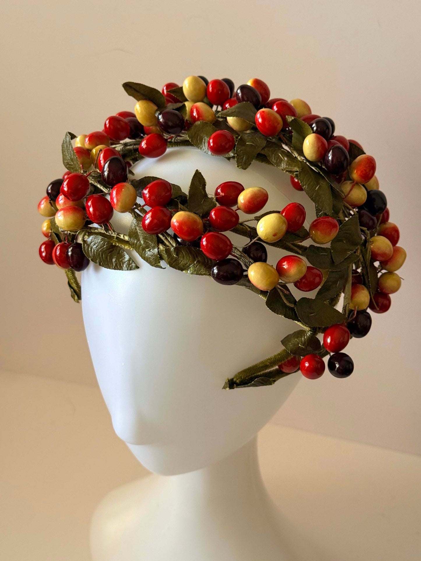 Vintage Berry Fruit Half Hat | 1950s Cherry Berry Cocktail Hat | Novelty Fruit Headpiece | Harvest Hat | Autumn Millinery