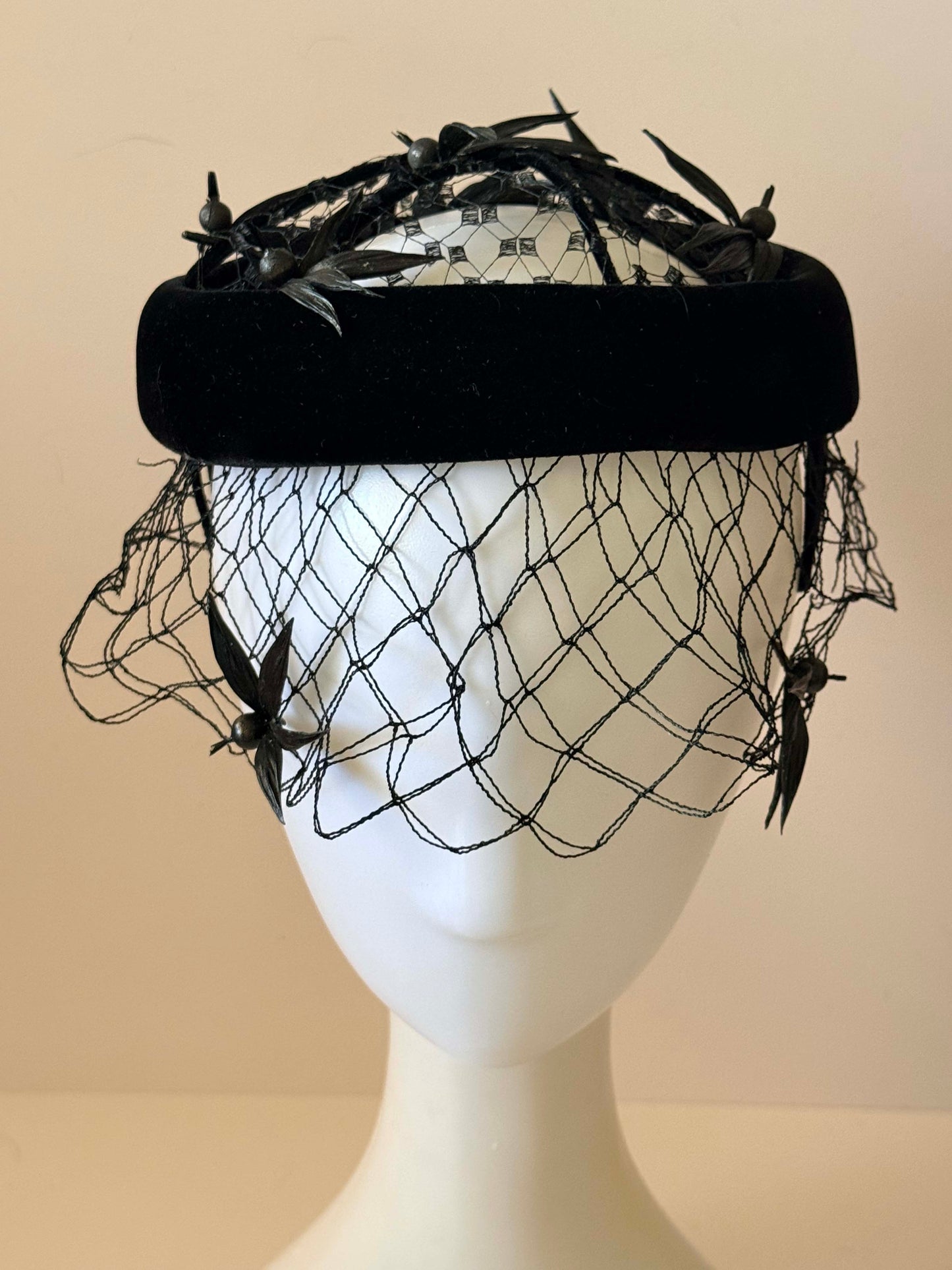 Vintage Black Velvet Halo Hat with Feather Birds and Veil | 1950s Cocktail Hat | Open Crown Fascinator | Mid Century Millinery