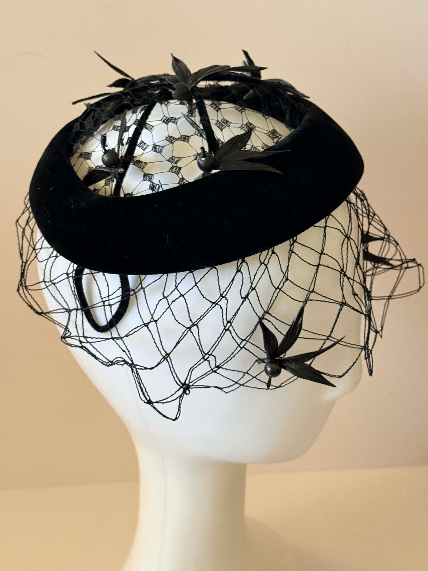 Vintage Black Velvet Halo Hat with Feather Birds and Veil | 1950s Cocktail Hat | Open Crown Fascinator | Mid Century Millinery