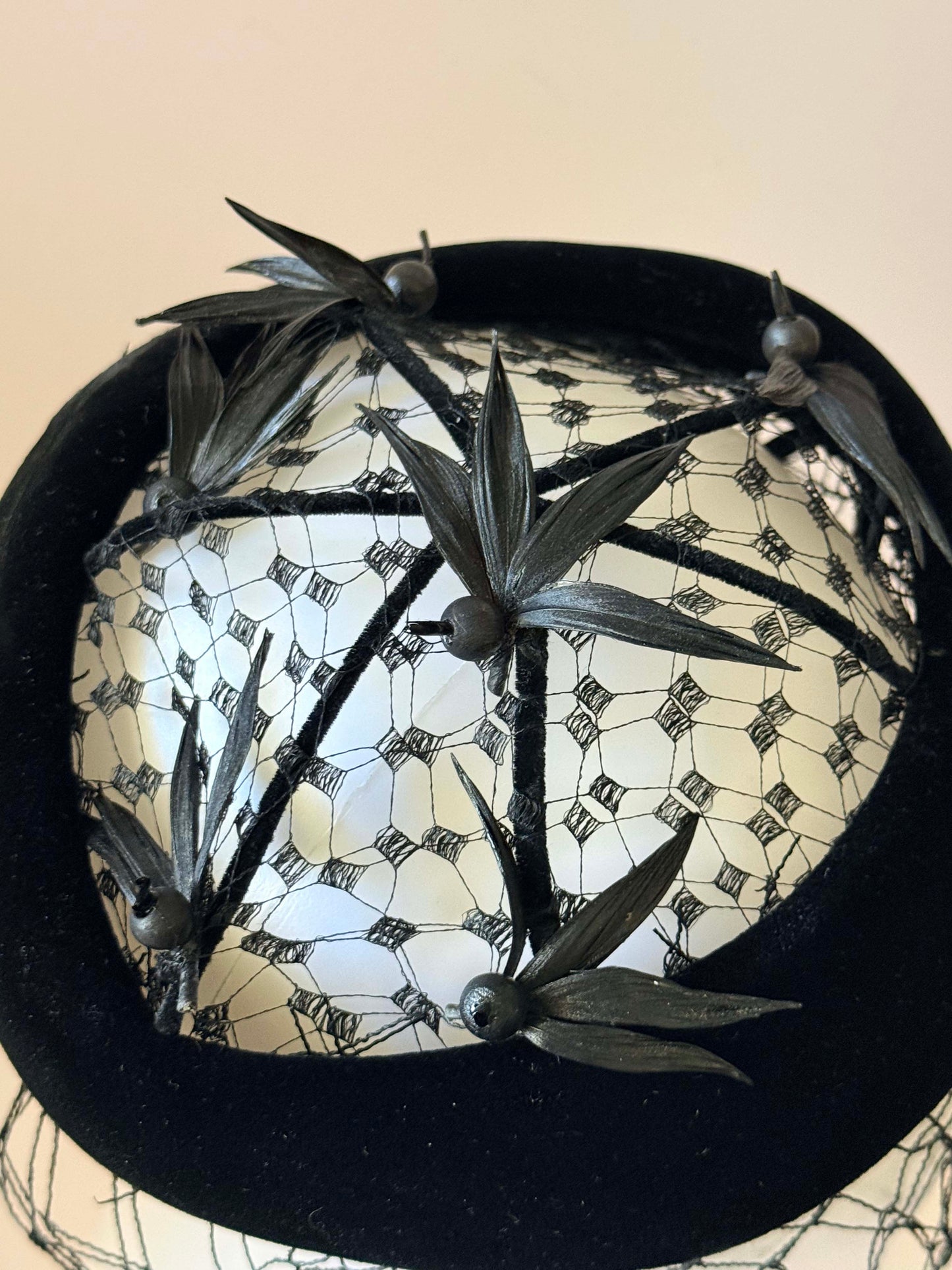 Vintage Black Velvet Halo Hat with Feather Birds and Veil | 1950s Cocktail Hat | Open Crown Fascinator | Mid Century Millinery