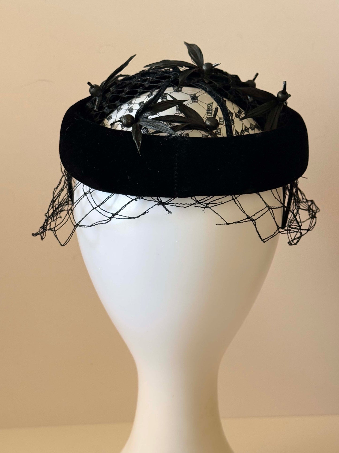 Vintage Black Velvet Halo Hat with Feather Birds and Veil | 1950s Cocktail Hat | Open Crown Fascinator | Mid Century Millinery