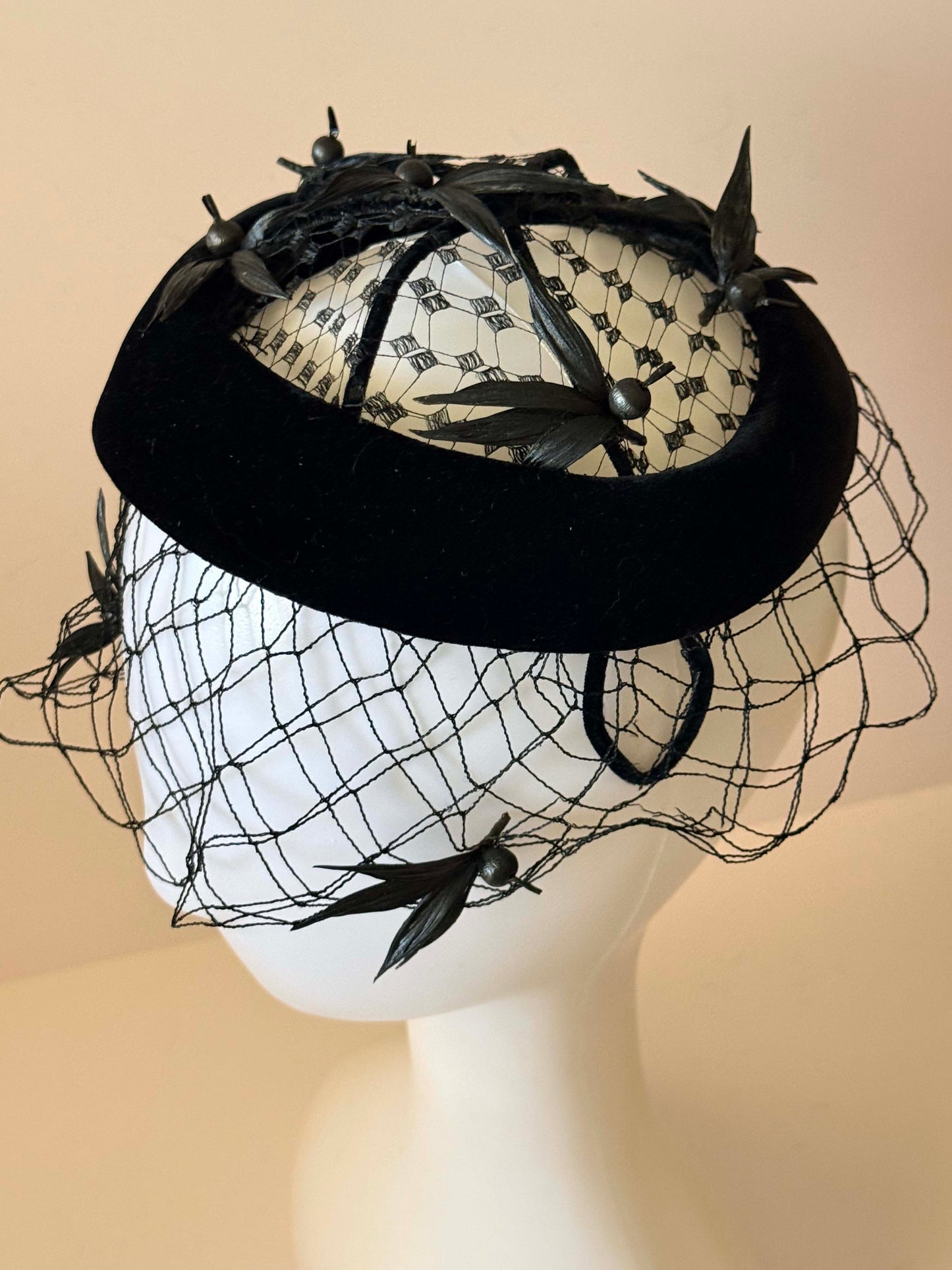 Vintage Black Velvet Halo Hat with Feather Birds and Veil | 1950s Cocktail Hat | Open Crown Fascinator | Mid Century Millinery