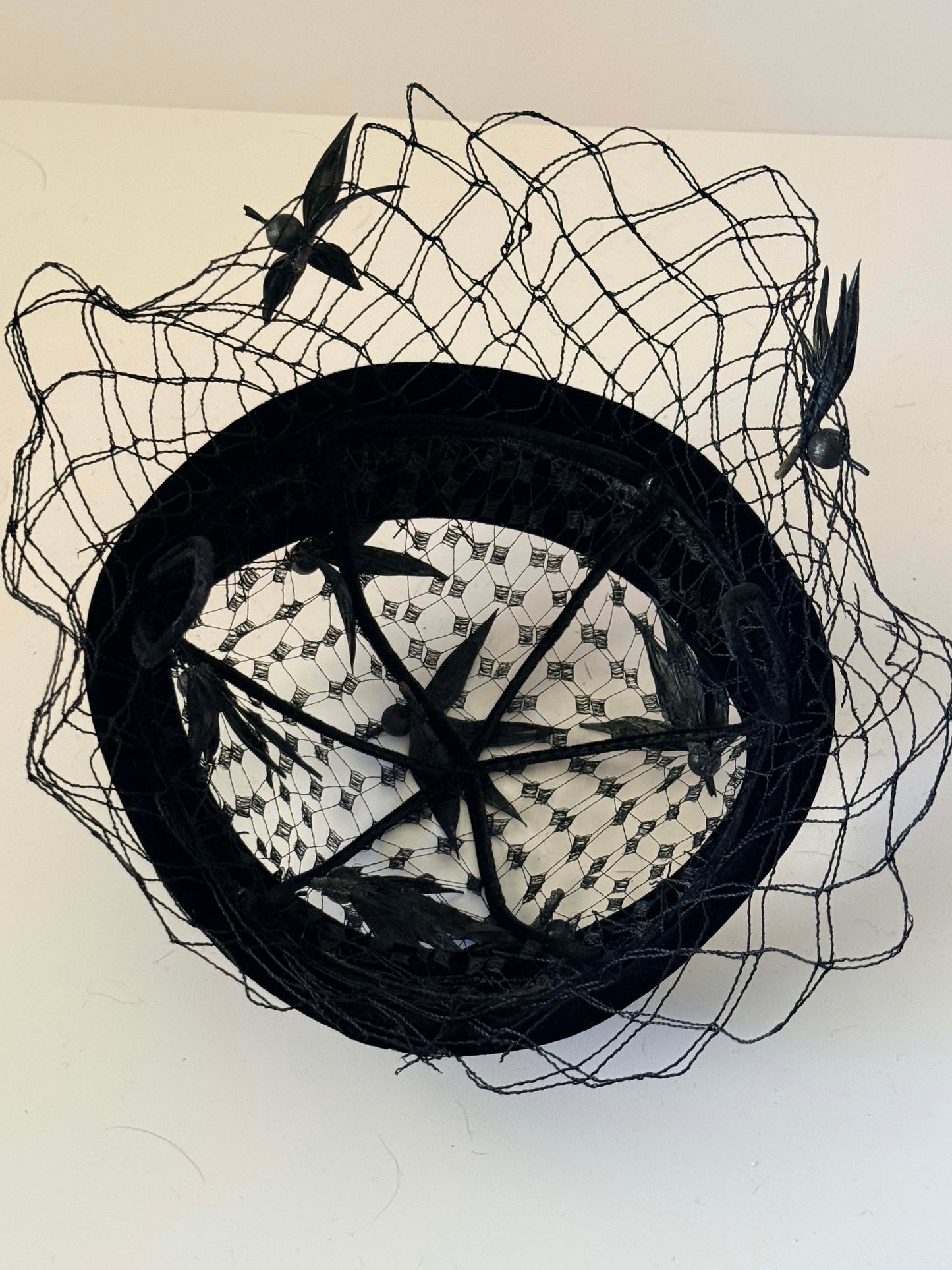 Vintage Black Velvet Halo Hat with Feather Birds and Veil | 1950s Cocktail Hat | Open Crown Fascinator | Mid Century Millinery