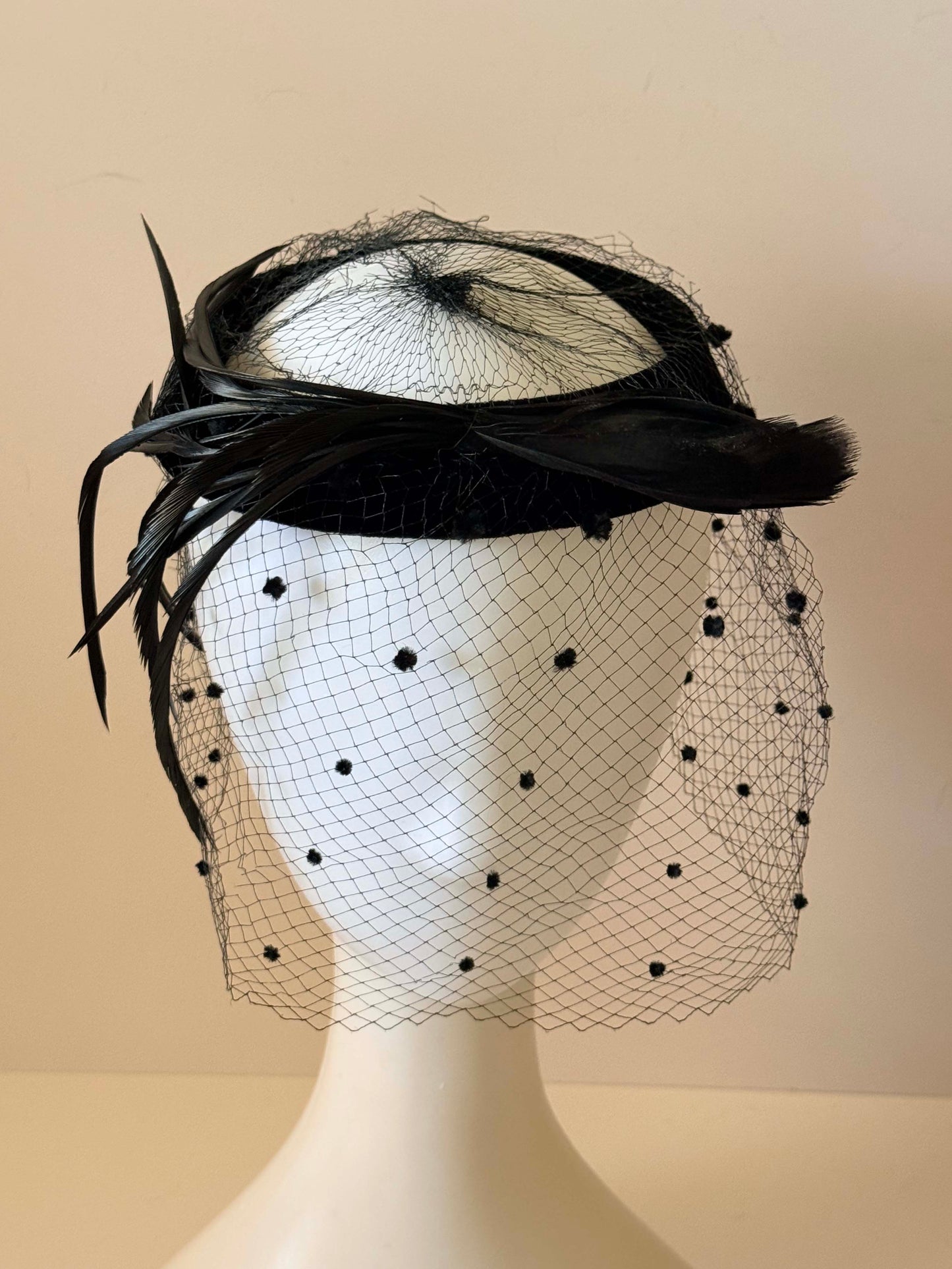 Vintage Black Velvet Halo Hat with Dotted Veil and Feather Trim | 1950s Cocktail Fascinator | Mid Century Tilt Hat | Elegant Mourning Style Millinery