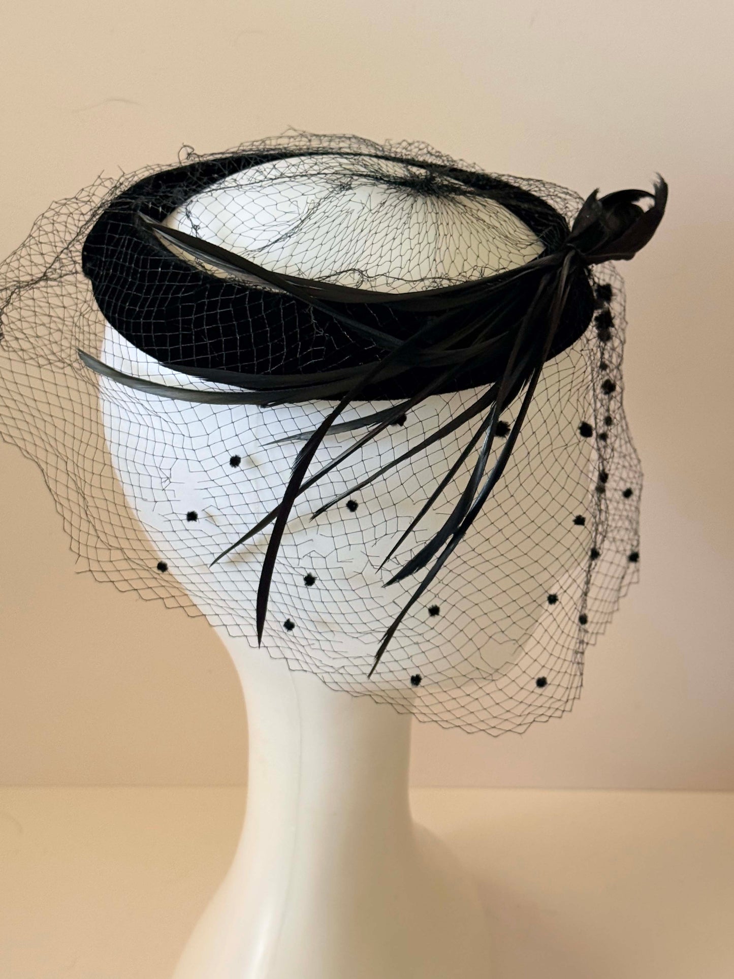 Vintage Black Velvet Halo Hat with Dotted Veil and Feather Trim | 1950s Cocktail Fascinator | Mid Century Tilt Hat | Elegant Mourning Style Millinery