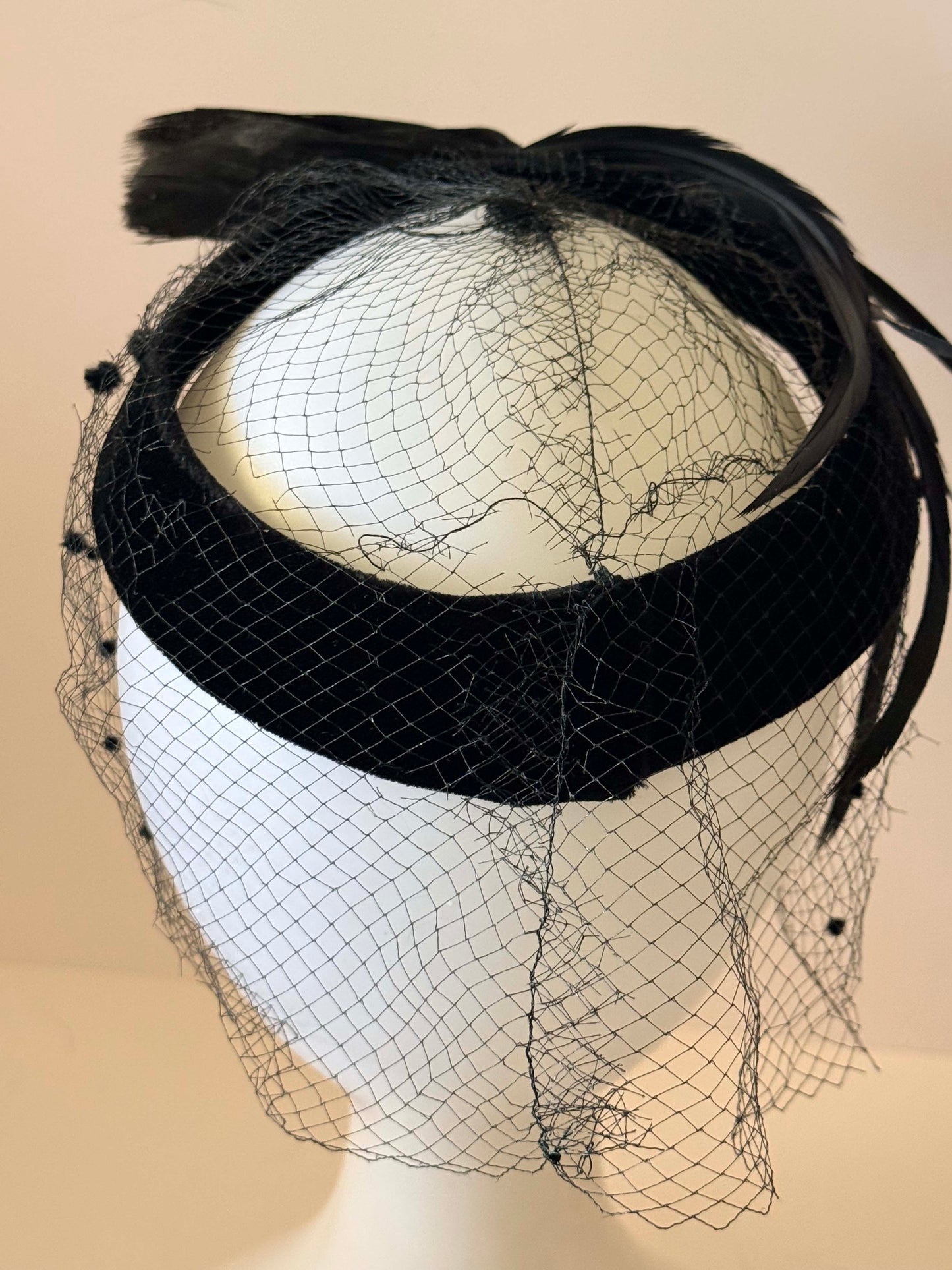 Vintage Black Velvet Halo Hat with Dotted Veil and Feather Trim | 1950s Cocktail Fascinator | Mid Century Tilt Hat | Elegant Mourning Style Millinery