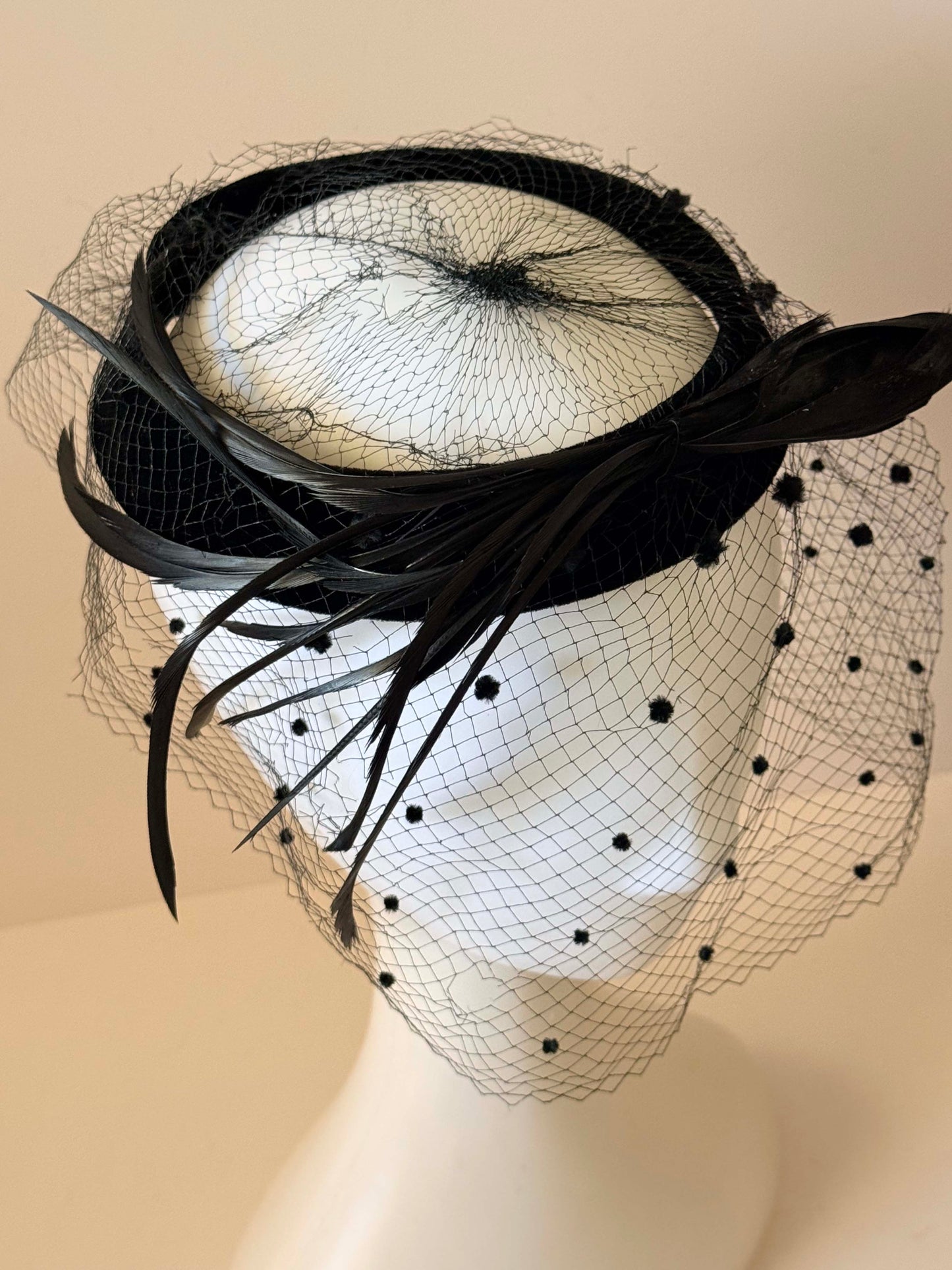 Vintage Black Velvet Halo Hat with Dotted Veil and Feather Trim | 1950s Cocktail Fascinator | Mid Century Tilt Hat | Elegant Mourning Style Millinery