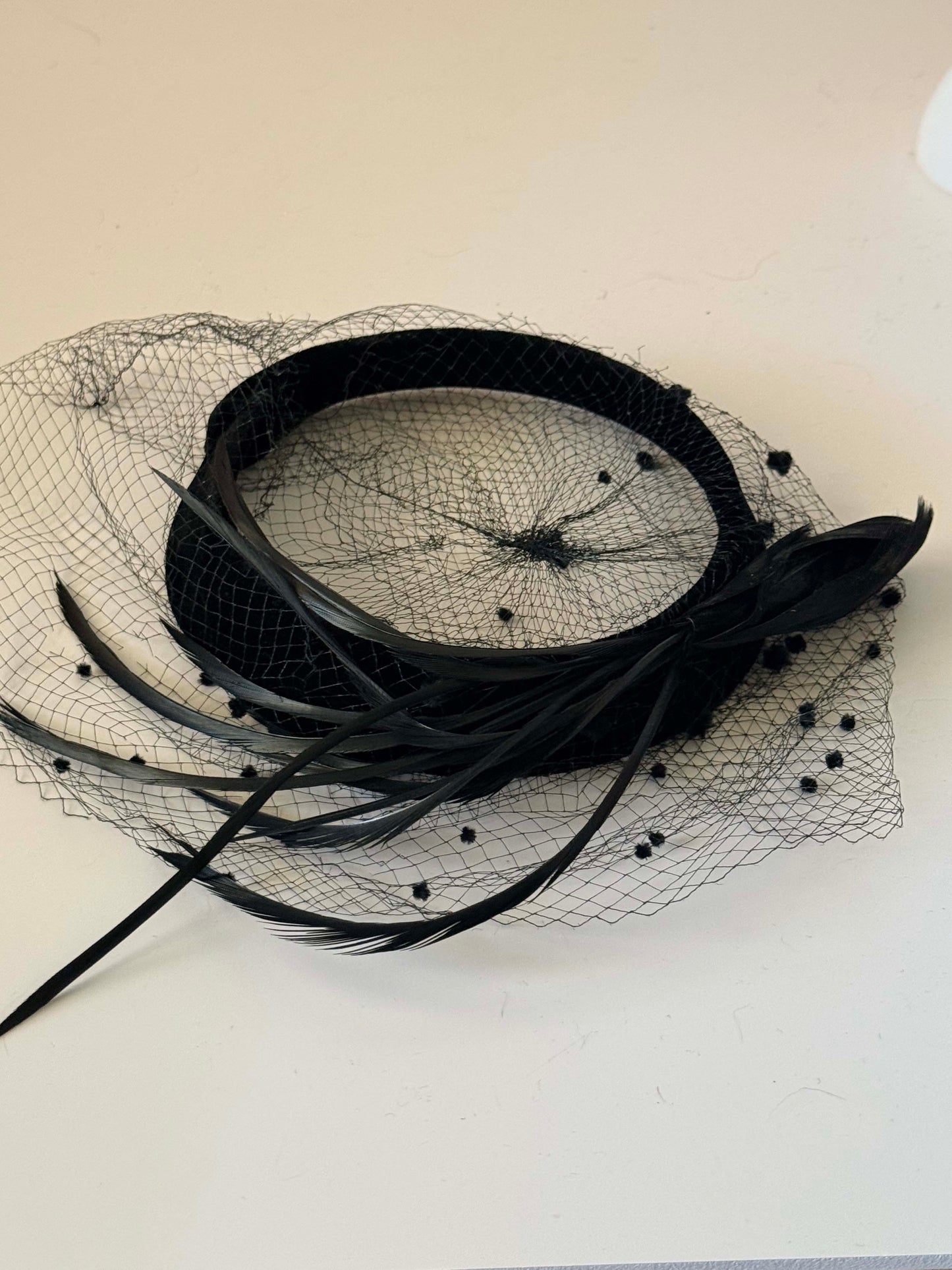 Vintage Black Velvet Halo Hat with Dotted Veil and Feather Trim | 1950s Cocktail Fascinator | Mid Century Tilt Hat | Elegant Mourning Style Millinery