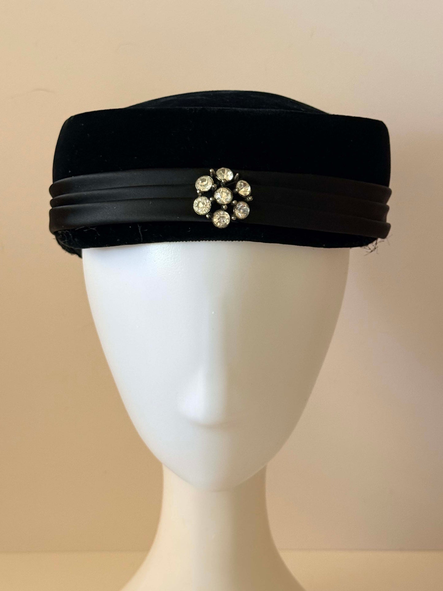 Vintage Black Velvet Pillbox Hat with Rhinestone Brooch | 1960s Cocktail Hat | Style-Kraft Dallas Millinery | Elegant Evening Fascinator