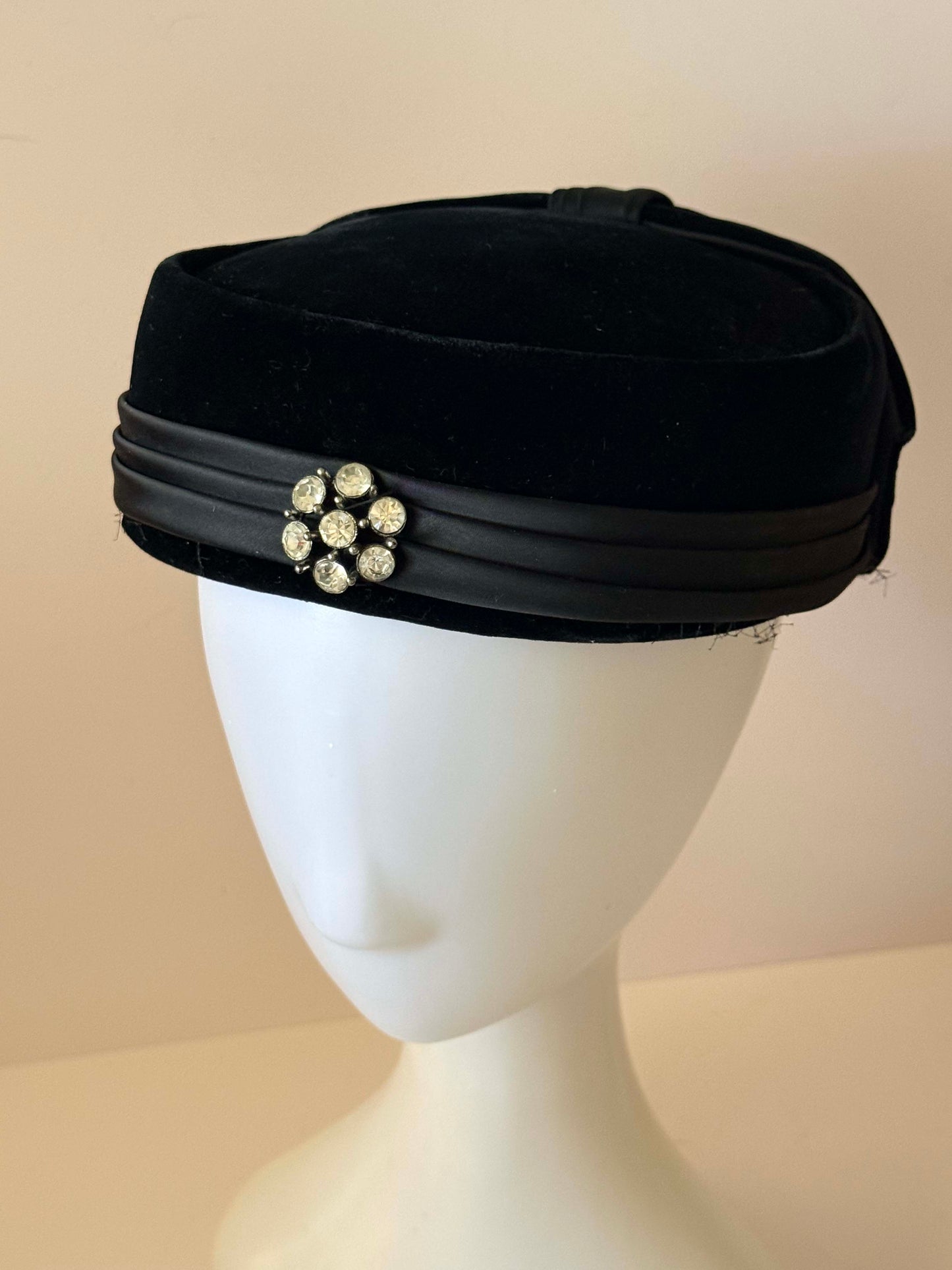 Vintage Black Velvet Pillbox Hat with Rhinestone Brooch | 1960s Cocktail Hat | Style-Kraft Dallas Millinery | Elegant Evening Fascinator